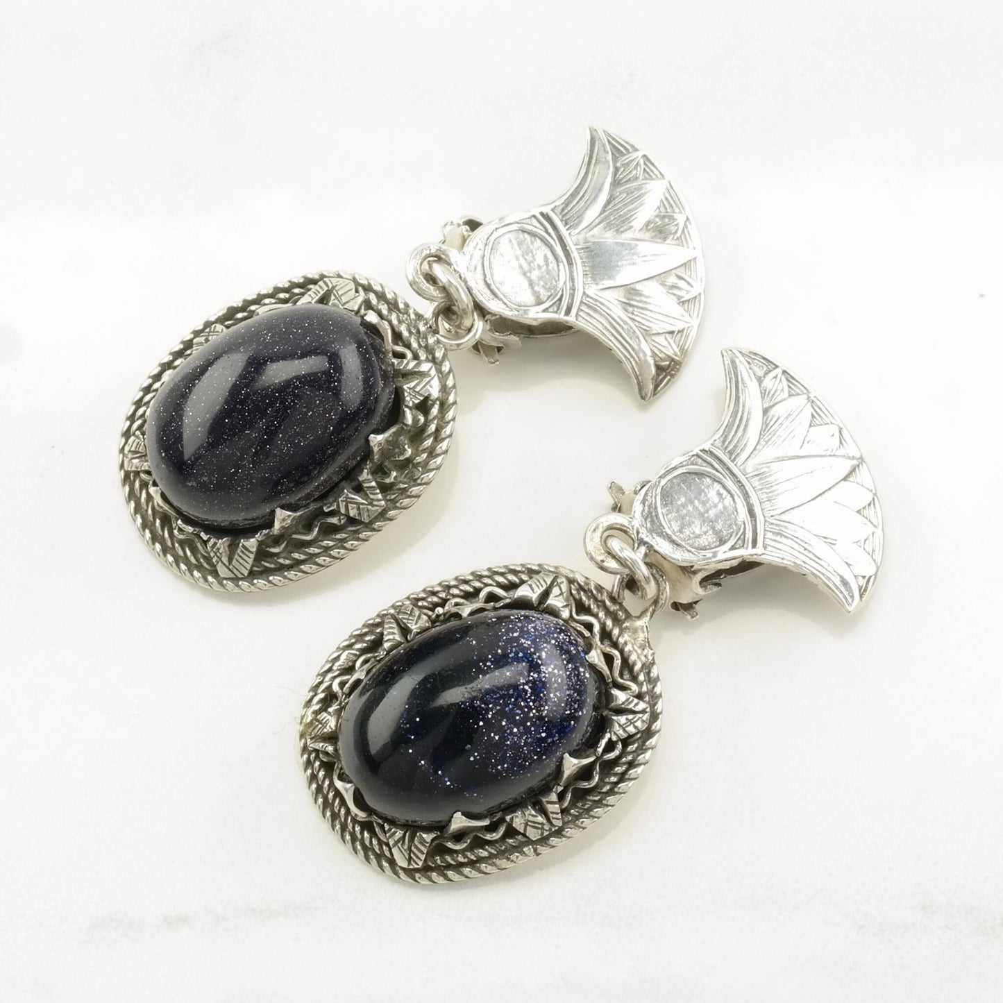 Egyptian Revival Sterling Silver Blue Goldstone Earrings Clip On