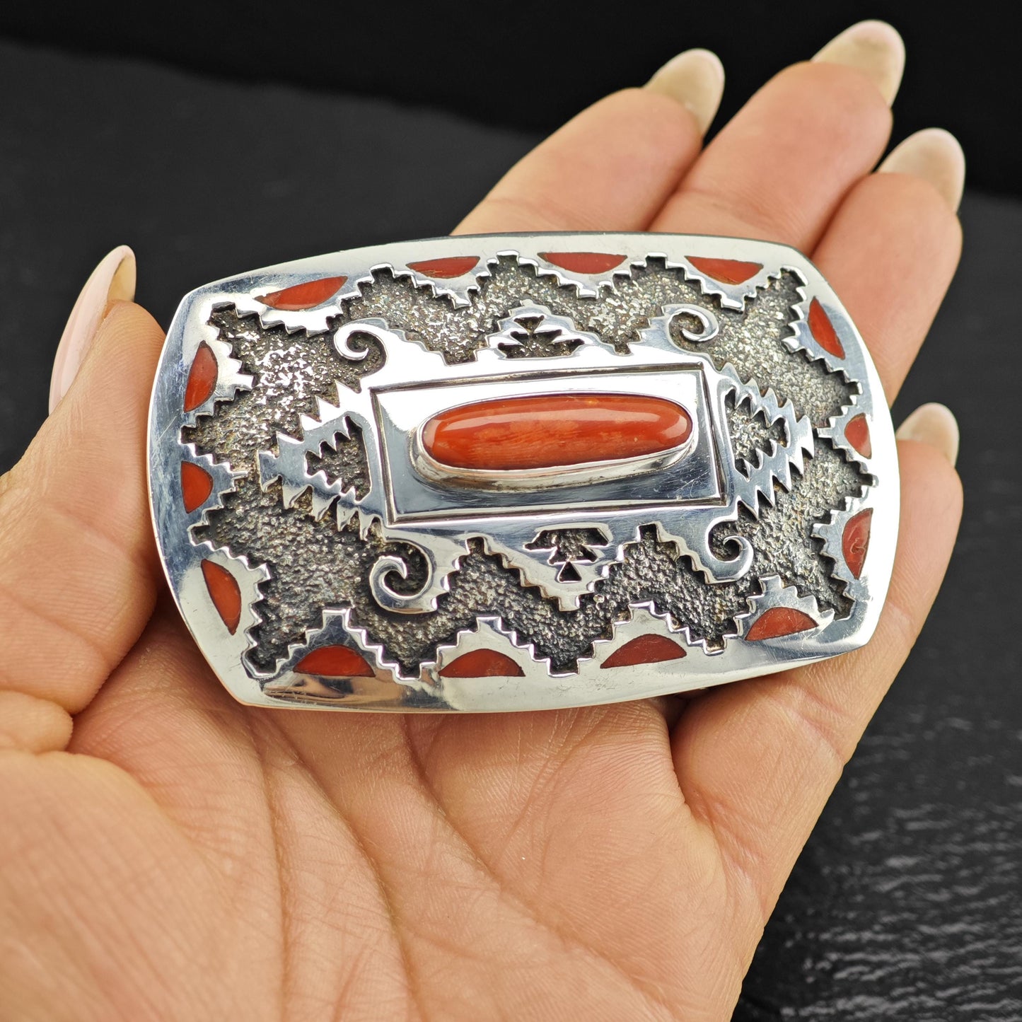 Red Coral Belt Buckle by Michael Perry Sterling Silver Native American Jewelry