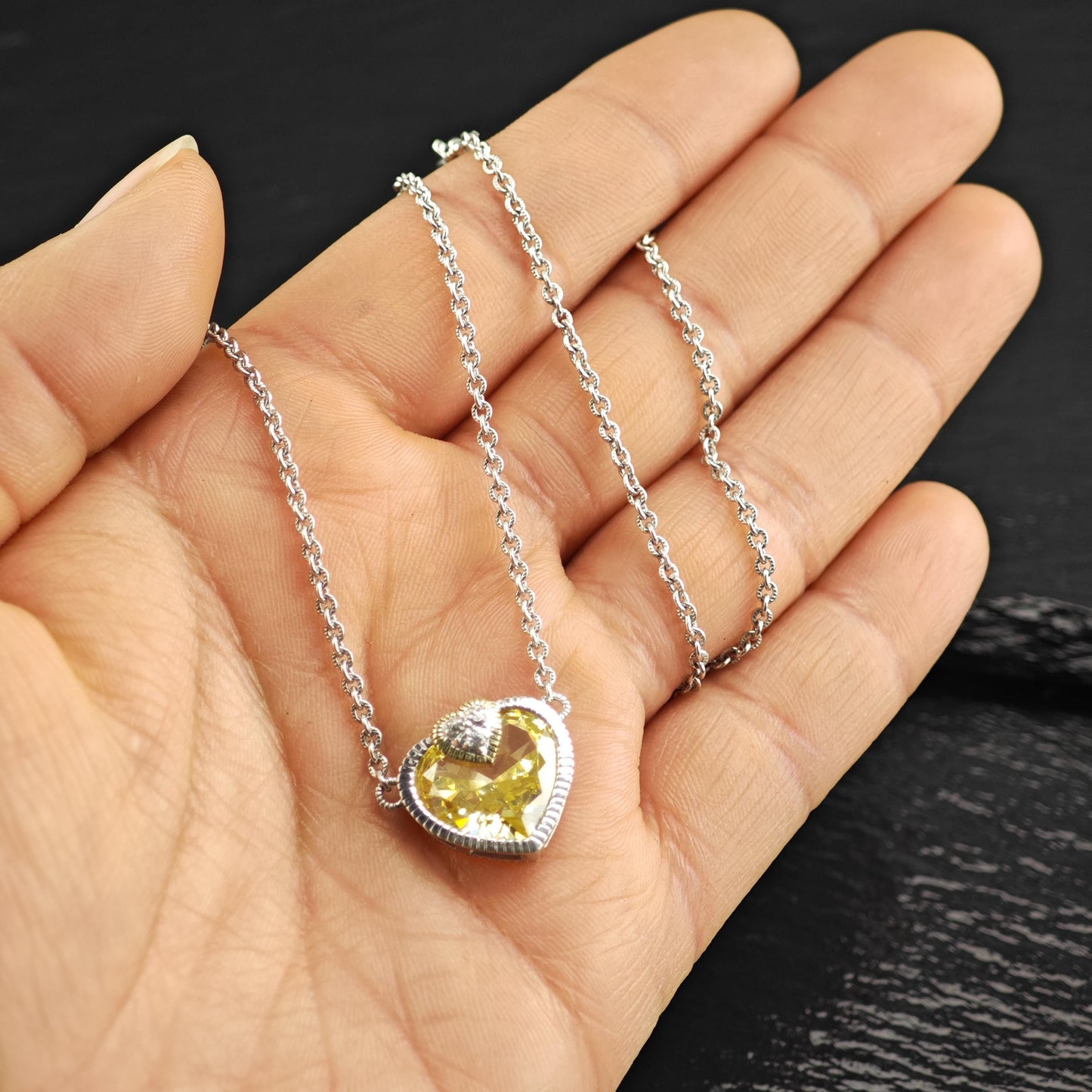 Vintage Judith Ripka Citrine, 18K Gold Accent Heart Necklace Sterling Silver N2733