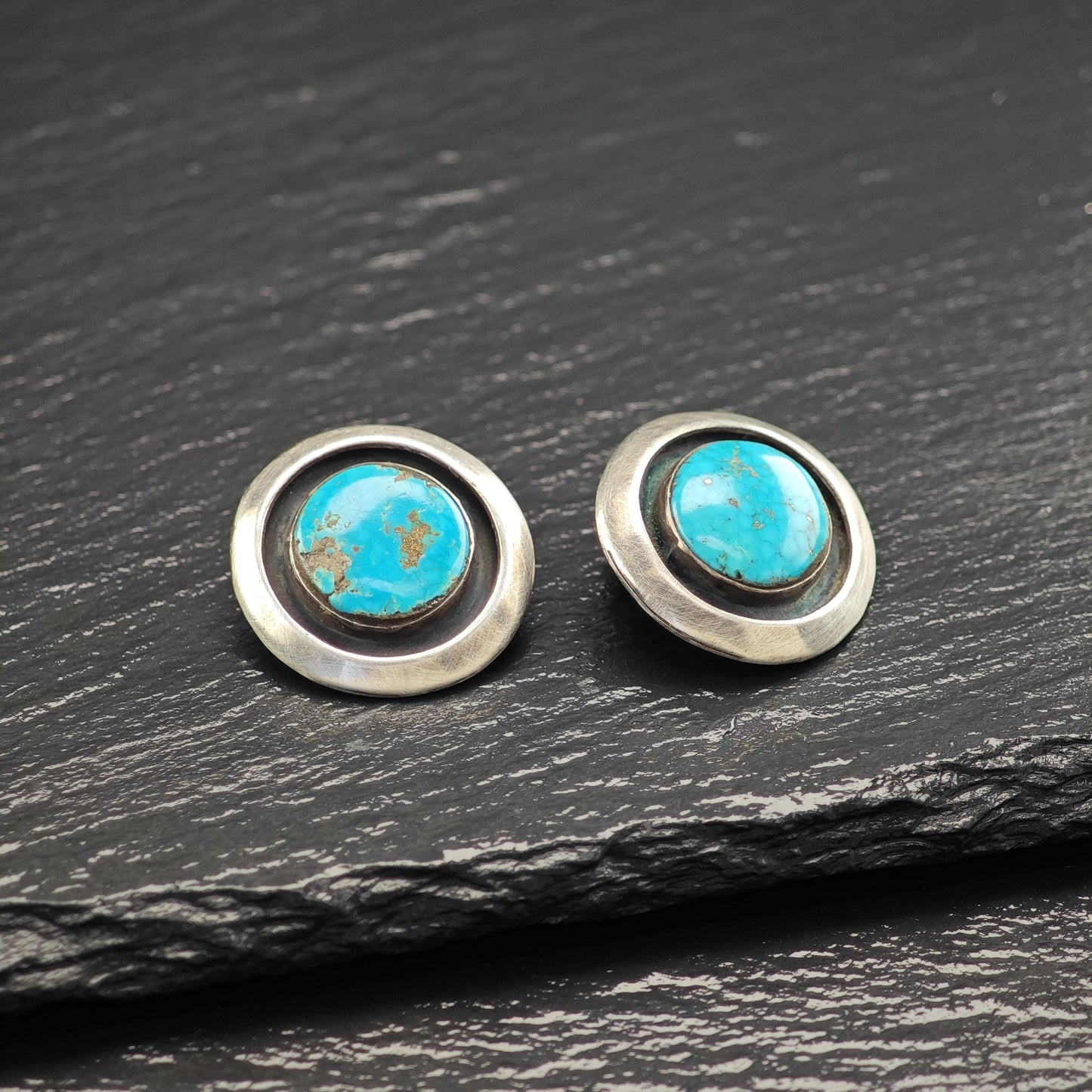 Native American Blue Turquoise, Shadowbox Clip On Earrings Sterling Silver