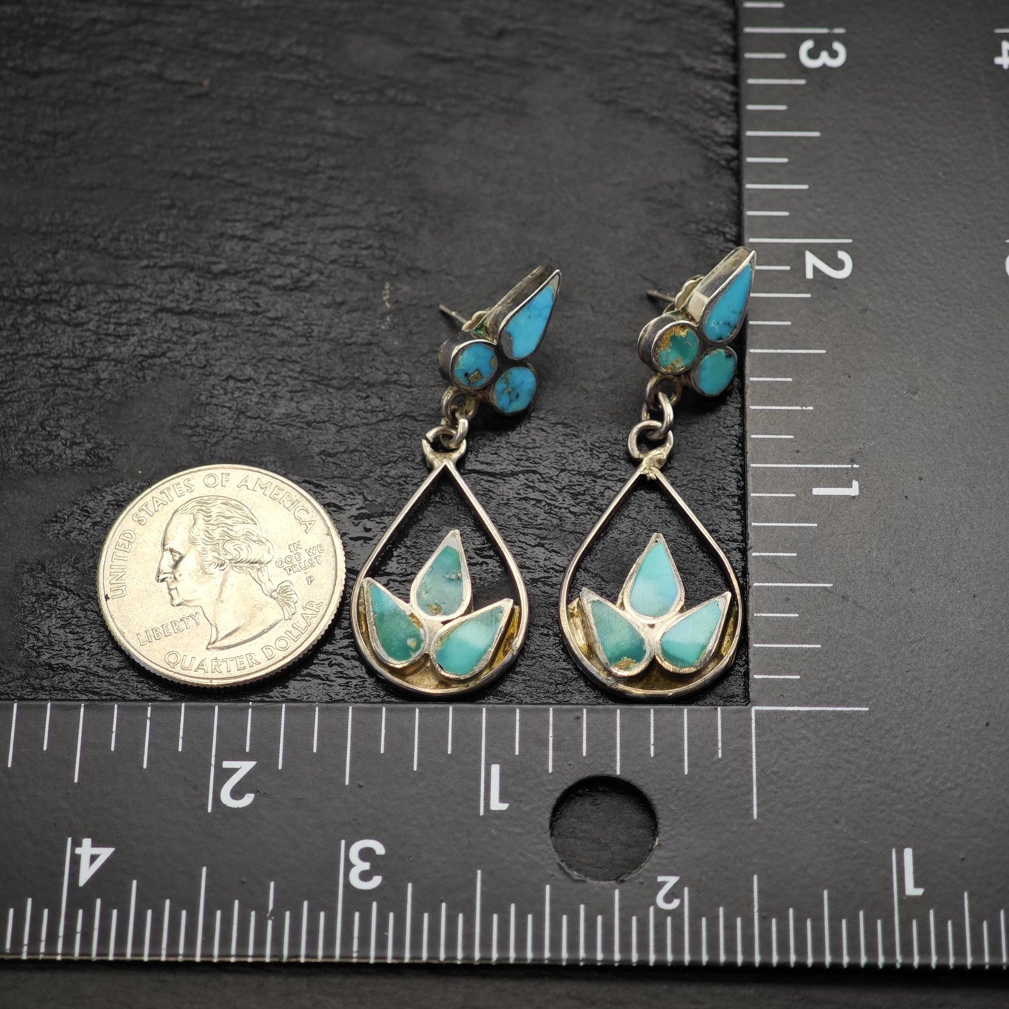 Vintage Zuni, Native American Turquoise Inlay Stud Sterling Silver Earrings ER3172