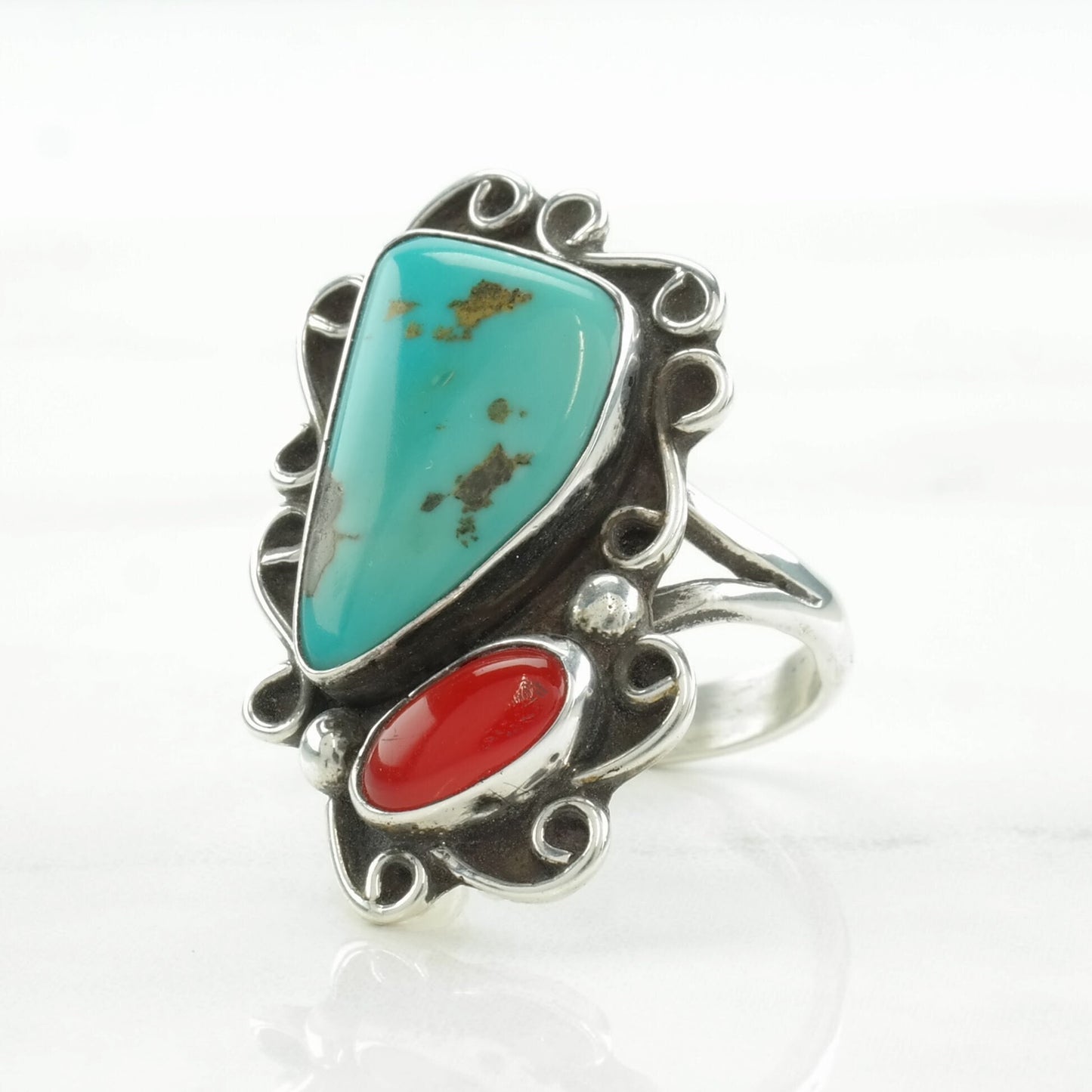 Native American Silver Ring Turquoise, Coral Sterling Size 6 3/4