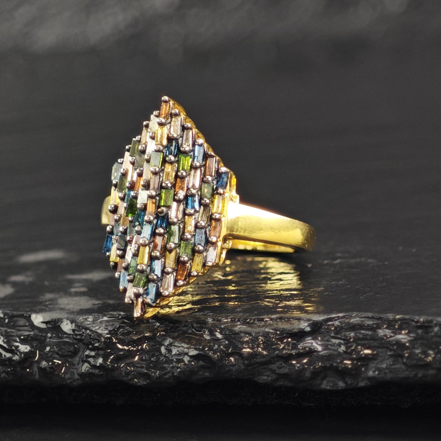 Color Diamond Marquis Shape Gold Plated Sterling Silver Ring Sz 6 R6610
