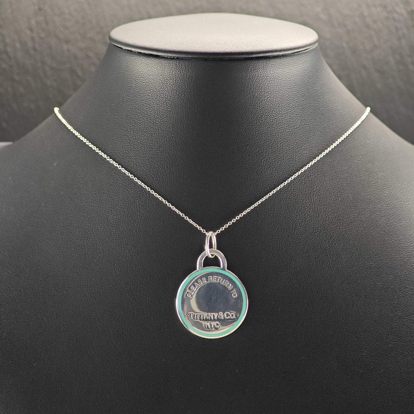 Vintage Tiffany Sterling Silver Teal Enamel Large Round Pendant Necklace N2569