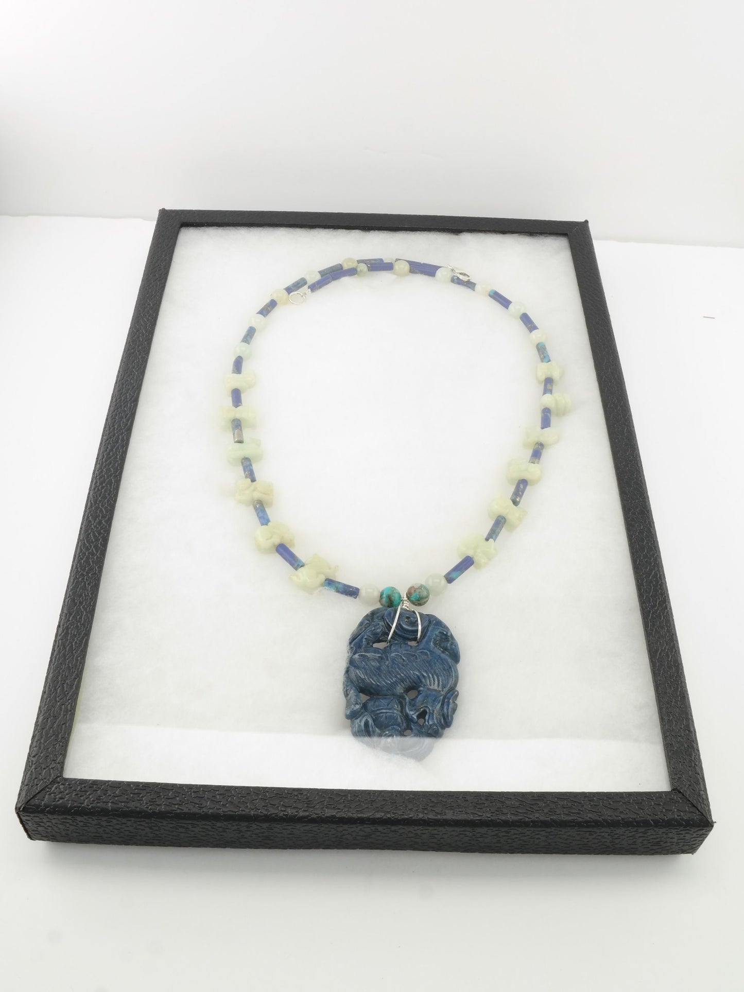 Iron Wolf Thompson Carved White Jade Lapis Turquoise Lazuli Chinese Dragon Necklace Sterling Silver