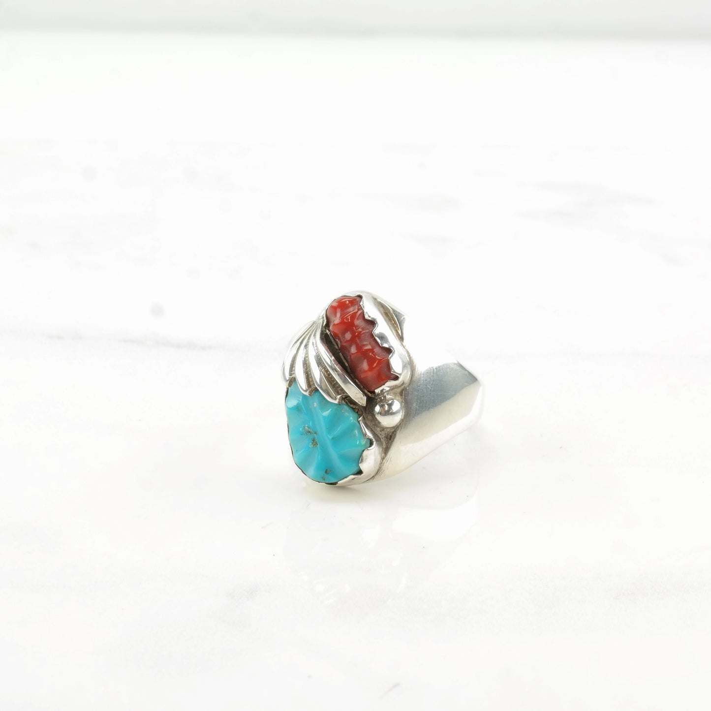 Native American Silver Ring Coral Turquoise Carved Leaf Sterling Size 8