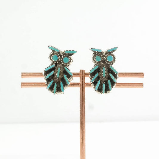 Vintage Sterling Silver Clip on Earrings Native American Blue Needle point Turquoise Owl