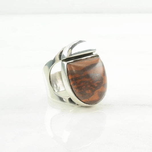 DTR Silver Ring Petrified Wood Modernist Sterling Brown Size 7 1/2