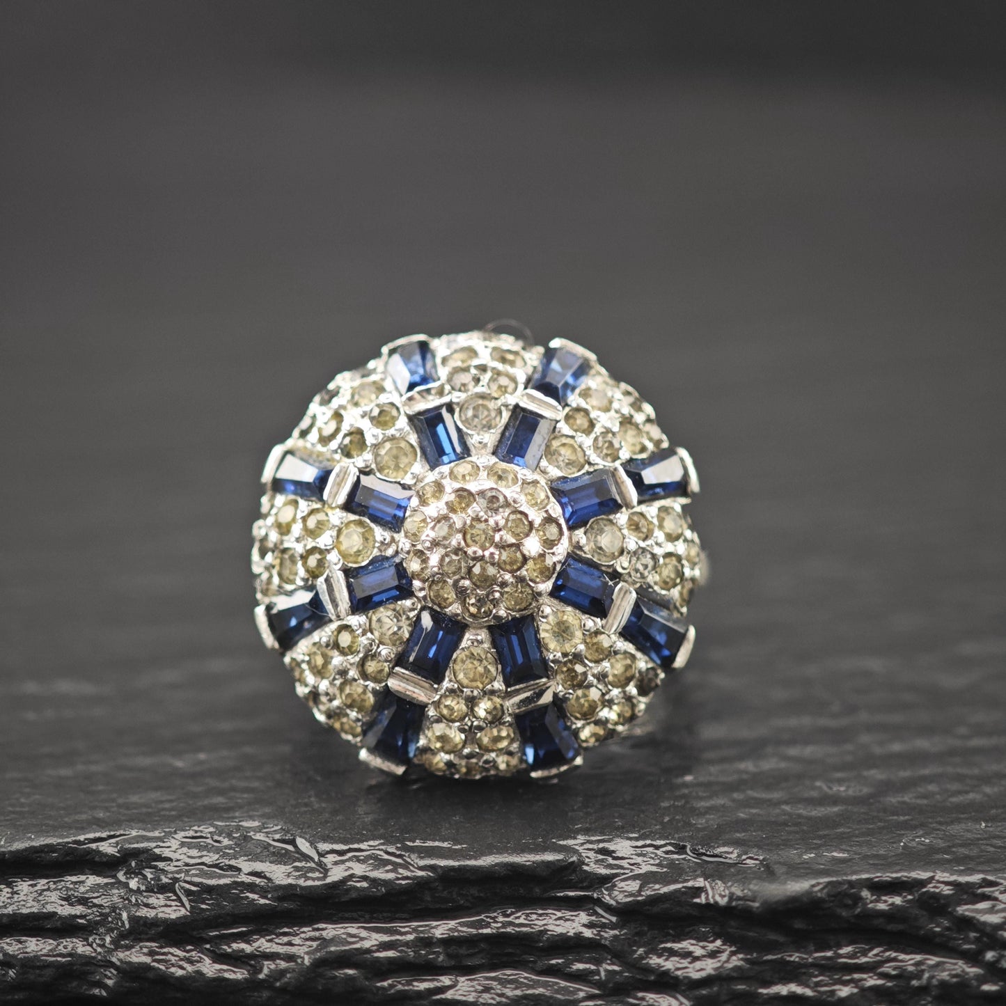 Art Deco Blue and White Dome Ring Sterling Silver Shank