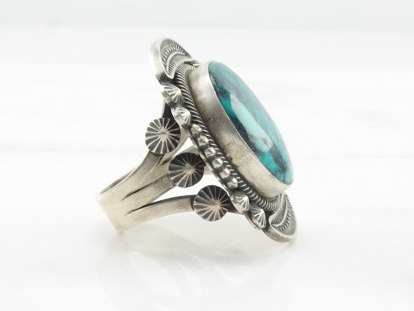 Navajo Silver Ring Turquoise Spiderweb Sterling Blue Size 8 3/4