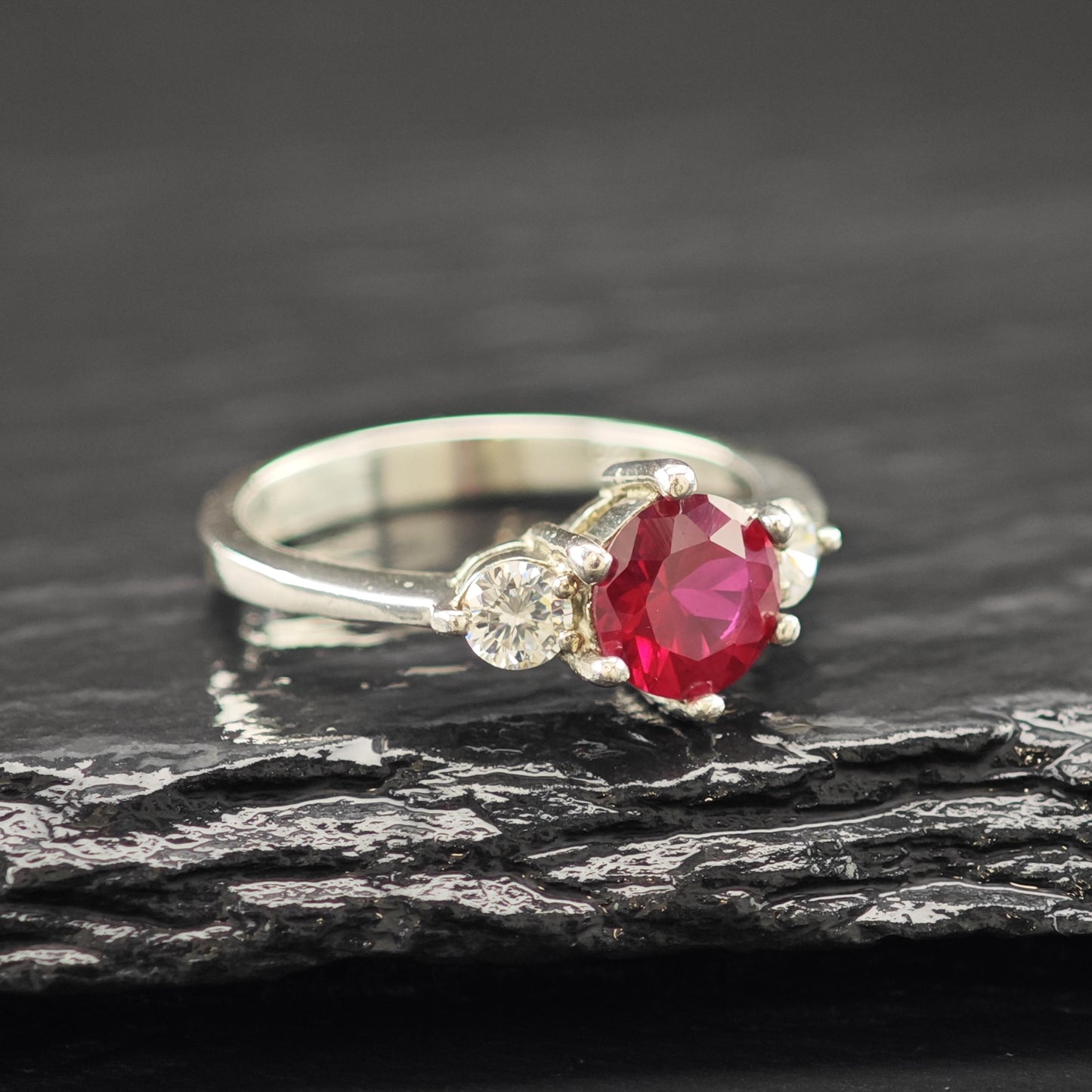 Sterling Silver Ring Lab Ruby Center Stone Size 7 CZ Details R6189