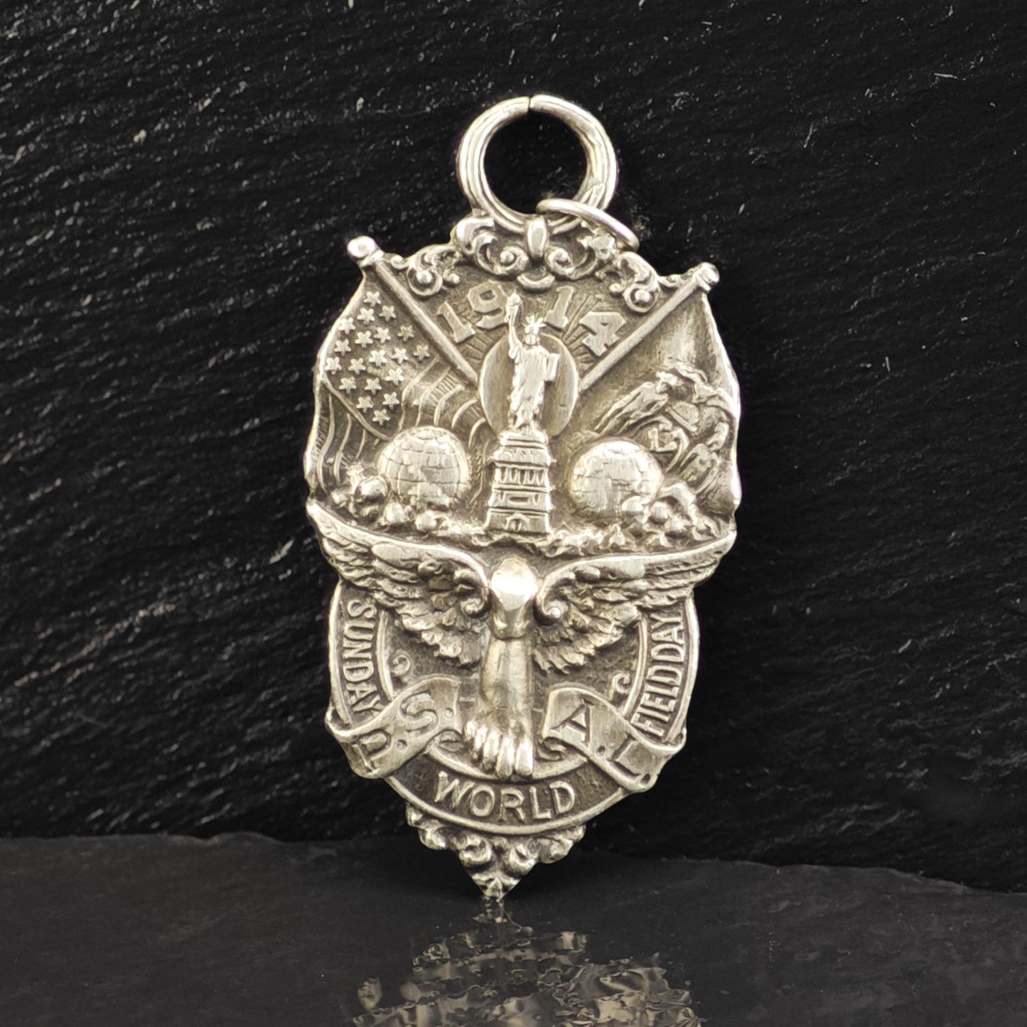 Antique 1914 Sunday World New York City Track Medal Sterling Silver Pendant P3068