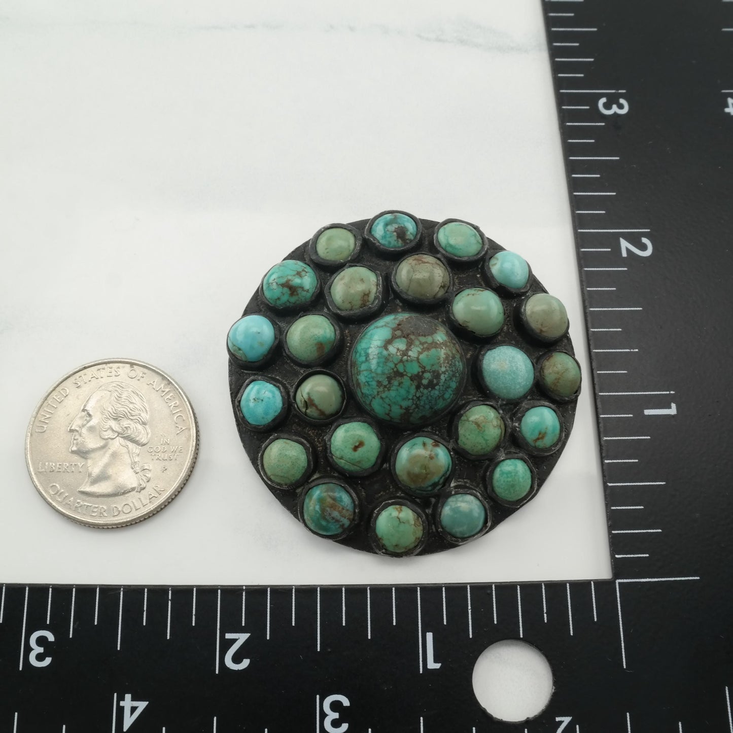 Prieto Taxco Green Turquoise Brooch Sterling Silver Round