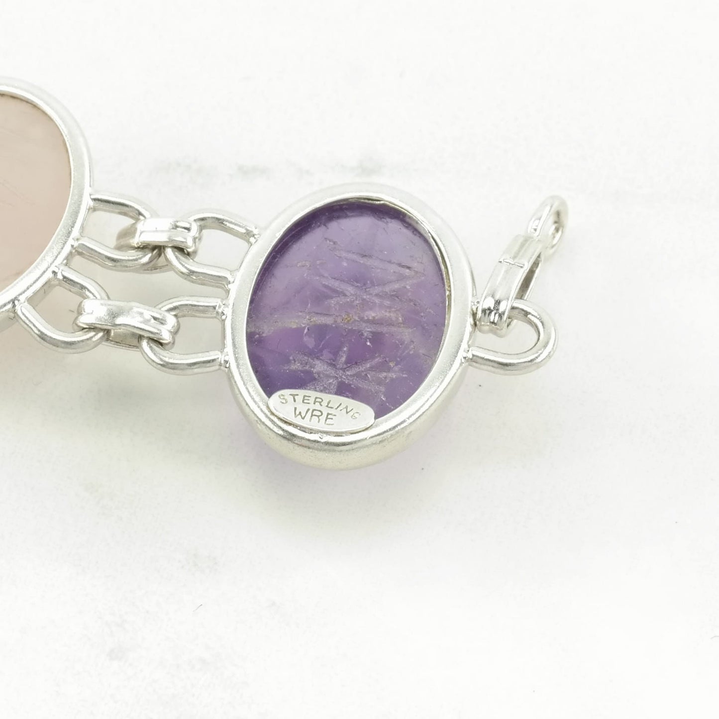 Egyptian Revival Sterling Silver Link Bracelet Pink, Purple Amethyst, Rose Quartz Carved Scarab, Beetle