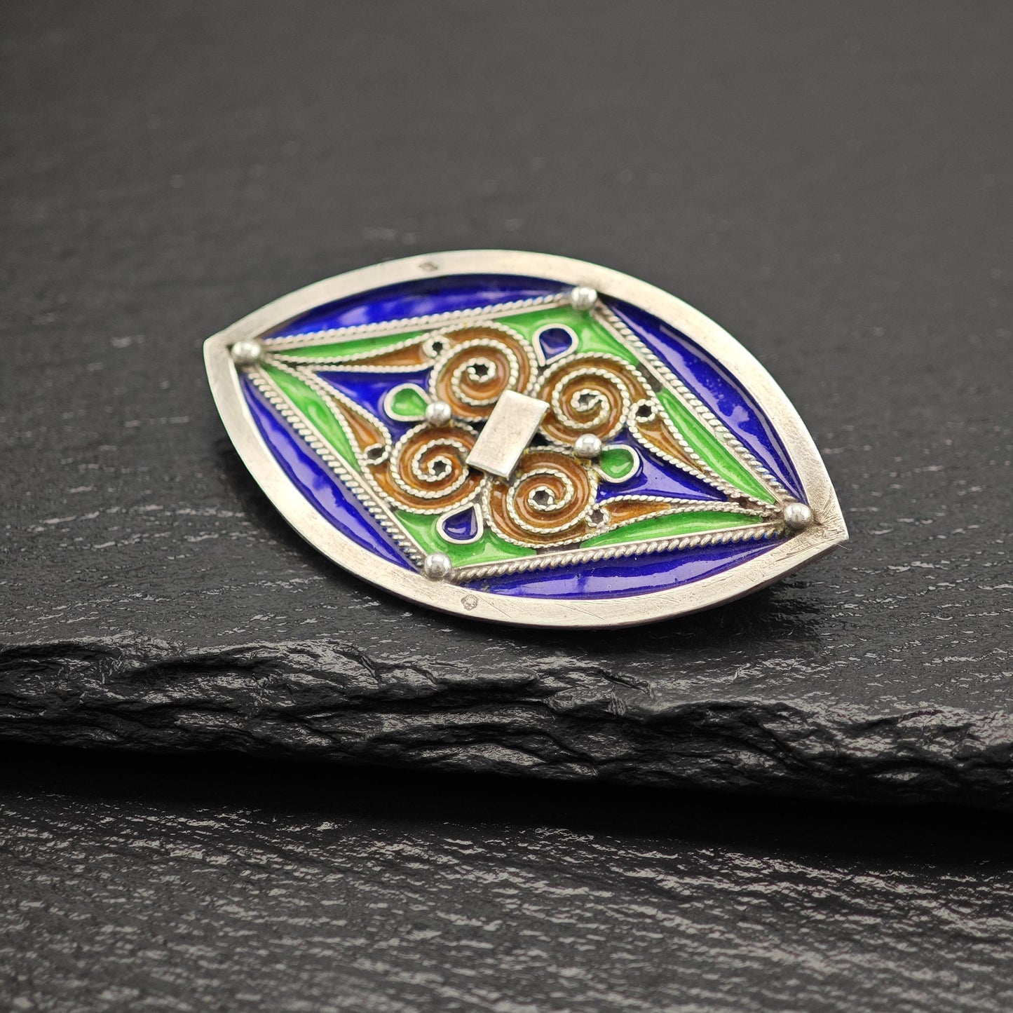 French Sterling Silver Brooch Geometric Multi-Color Enamel Design B2095