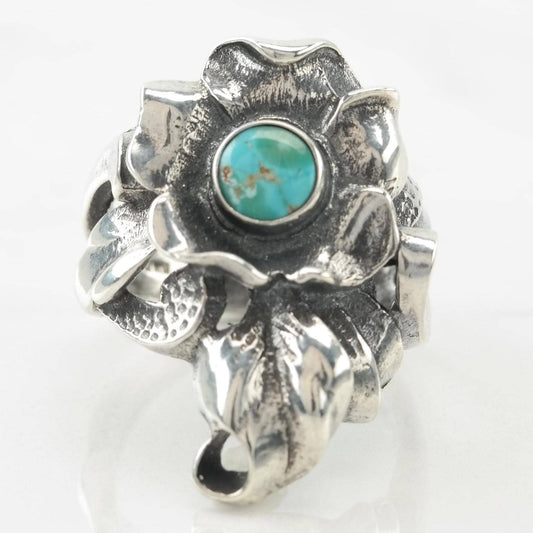 Vintage Southwest Silver Ring Turquoise Flower Sterling Blue Size 6 3/4