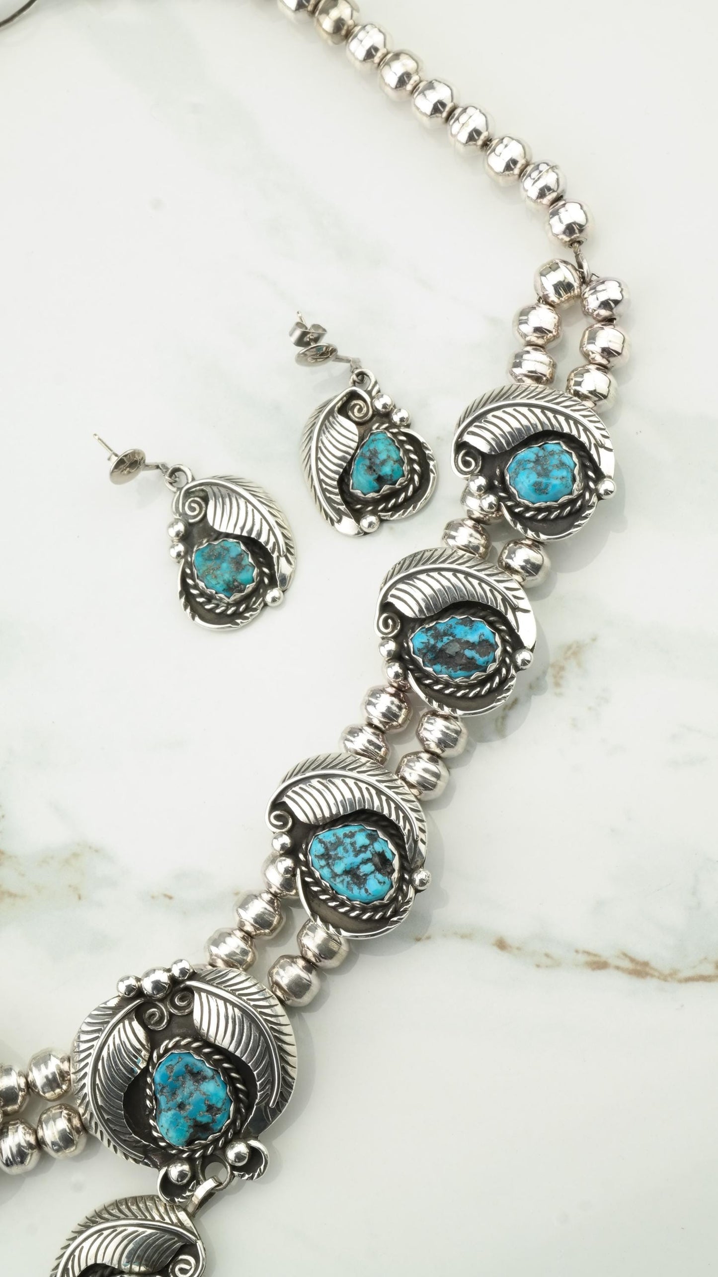 Turquoise Leaf Necklace & Earring Set, Sterling Silver, Native American, D. Secatero