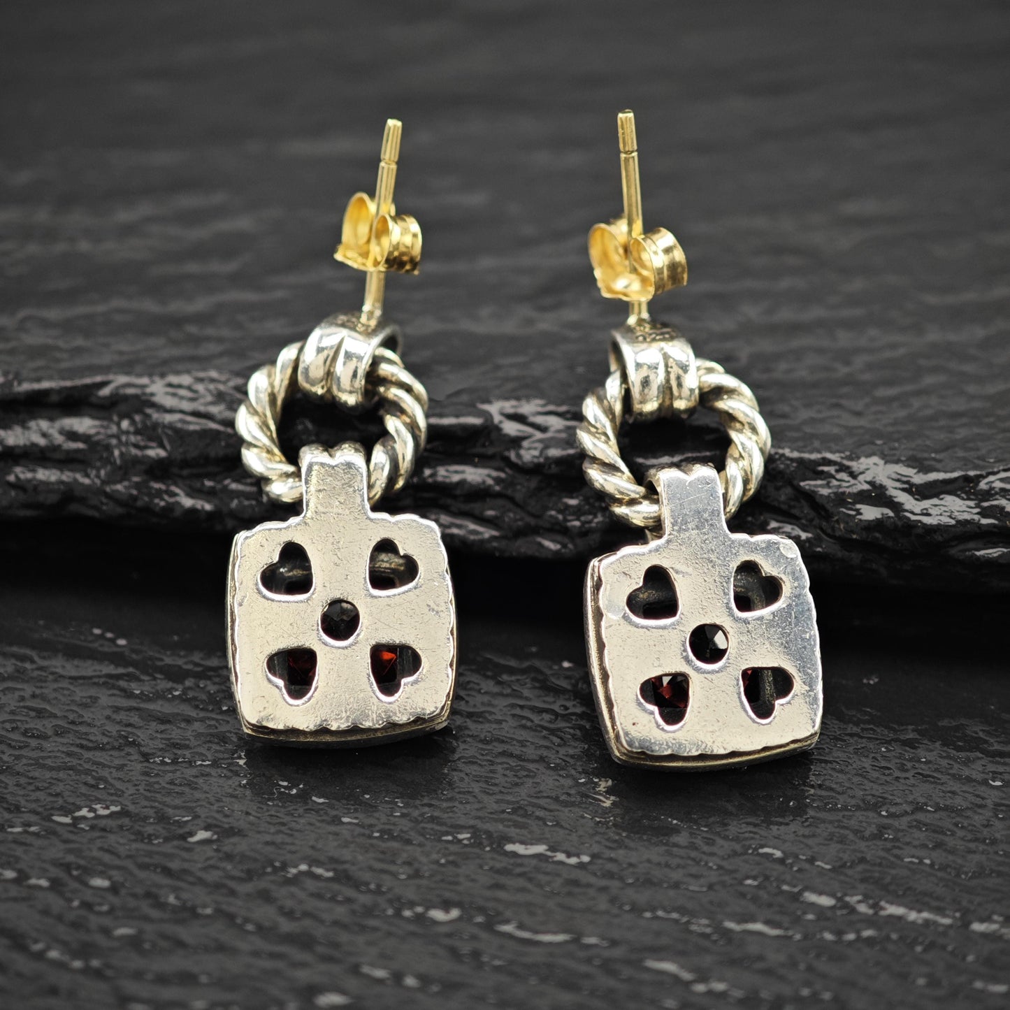 Vintage David Yurman Red Garnet, Two-tone, 10k & 14K Gold Post Sterling Silver Stud/Dangle Earrings