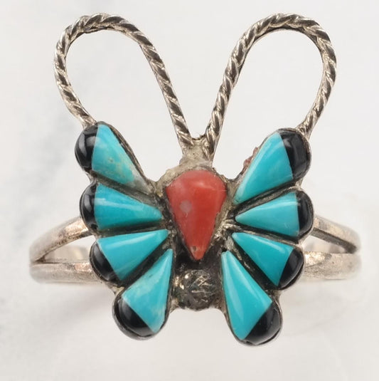 Southwest Silver Ring Inlay Butterfly Sterling Blue, Orange Size 8 3/4