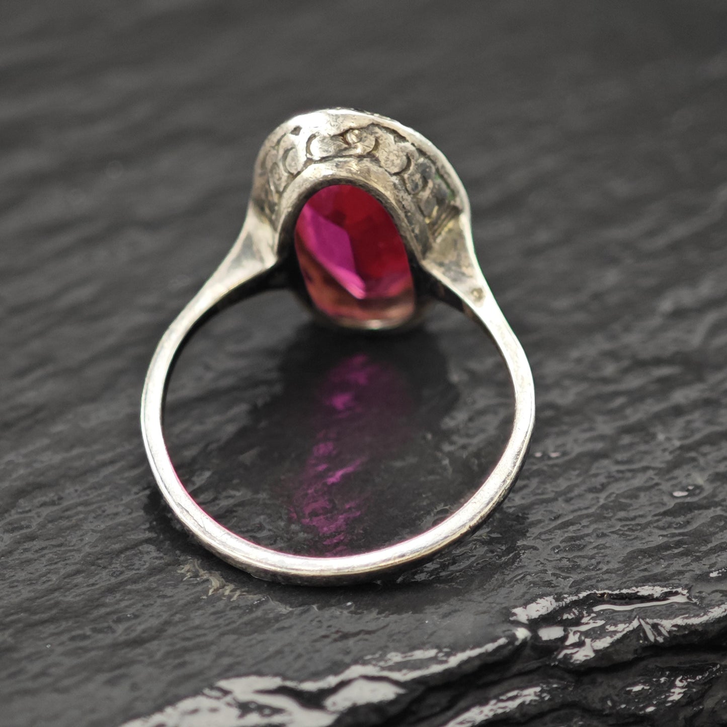 Art Deco Style Lab Ruby Ring Sterling Silver Sz 7 R6186