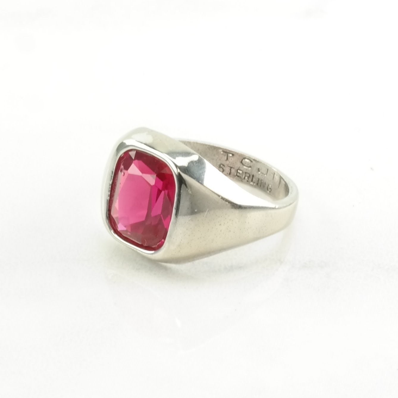 Art Deco Style, Pinky Ring Silver Ring Created Ruby Modernist Sterling Pink Size 6 1/2