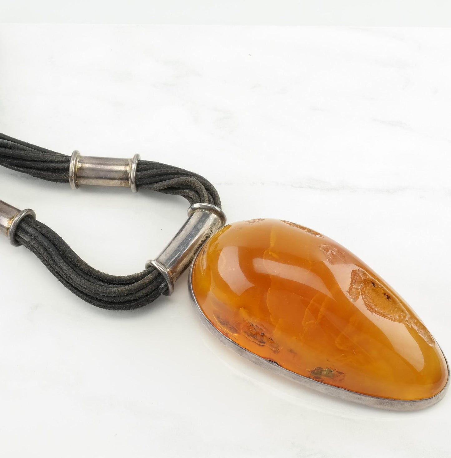 Enormous Natural Baltic Amber Pendant Leather Cord Sterling Silver Necklace