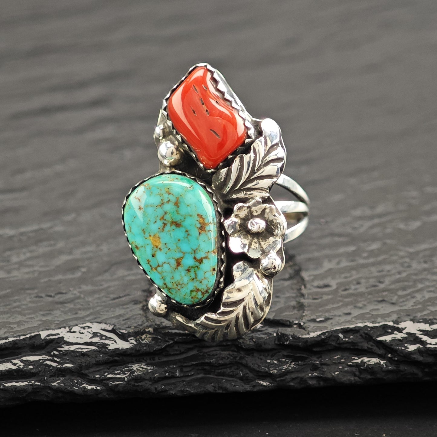 Turquoise Coral Native American Ring Sterling Silver Size 6 3/4 R5828