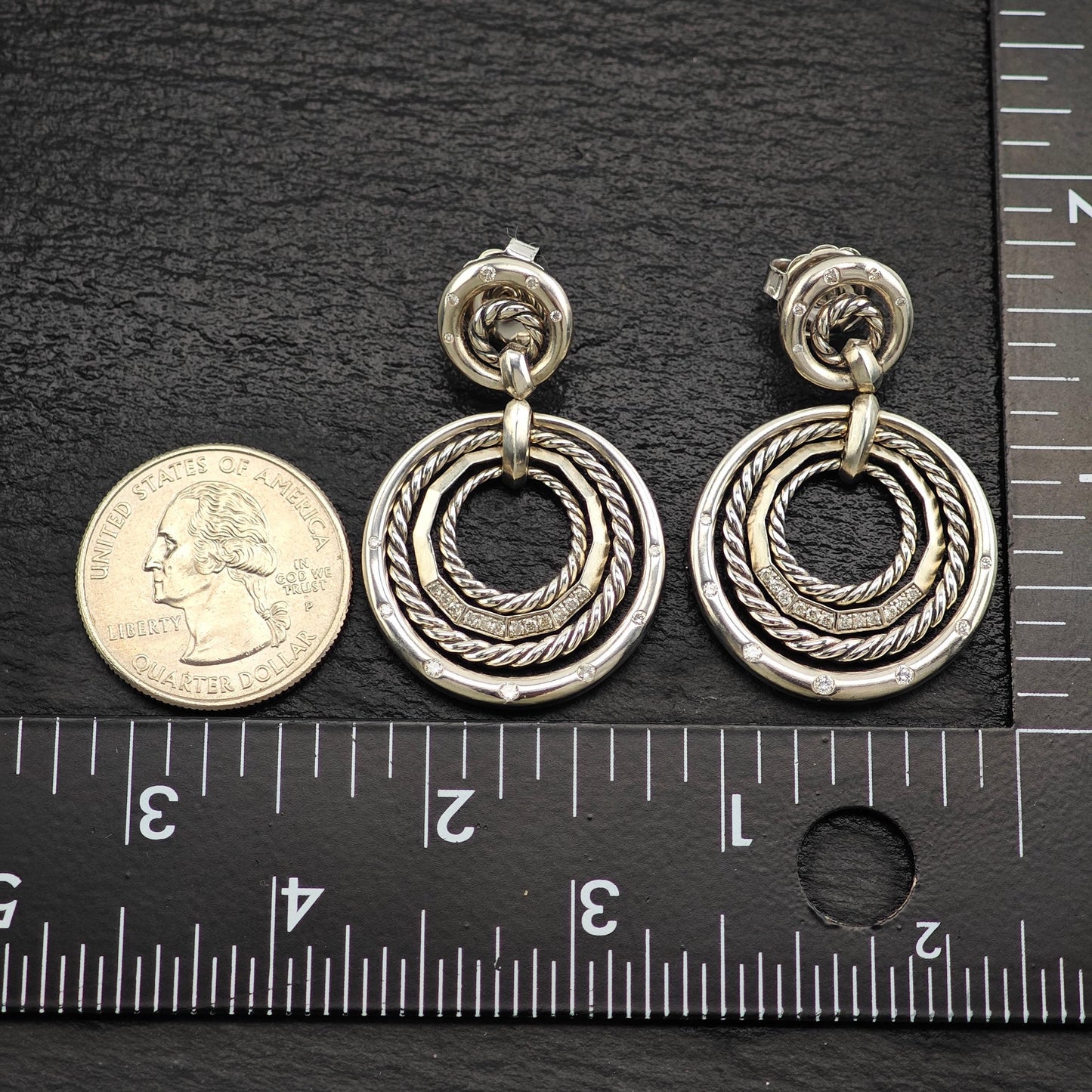 David Yurman Diamonds Stax, 14k Gold Posts Stud/Dangle Earrings Sterling Silver