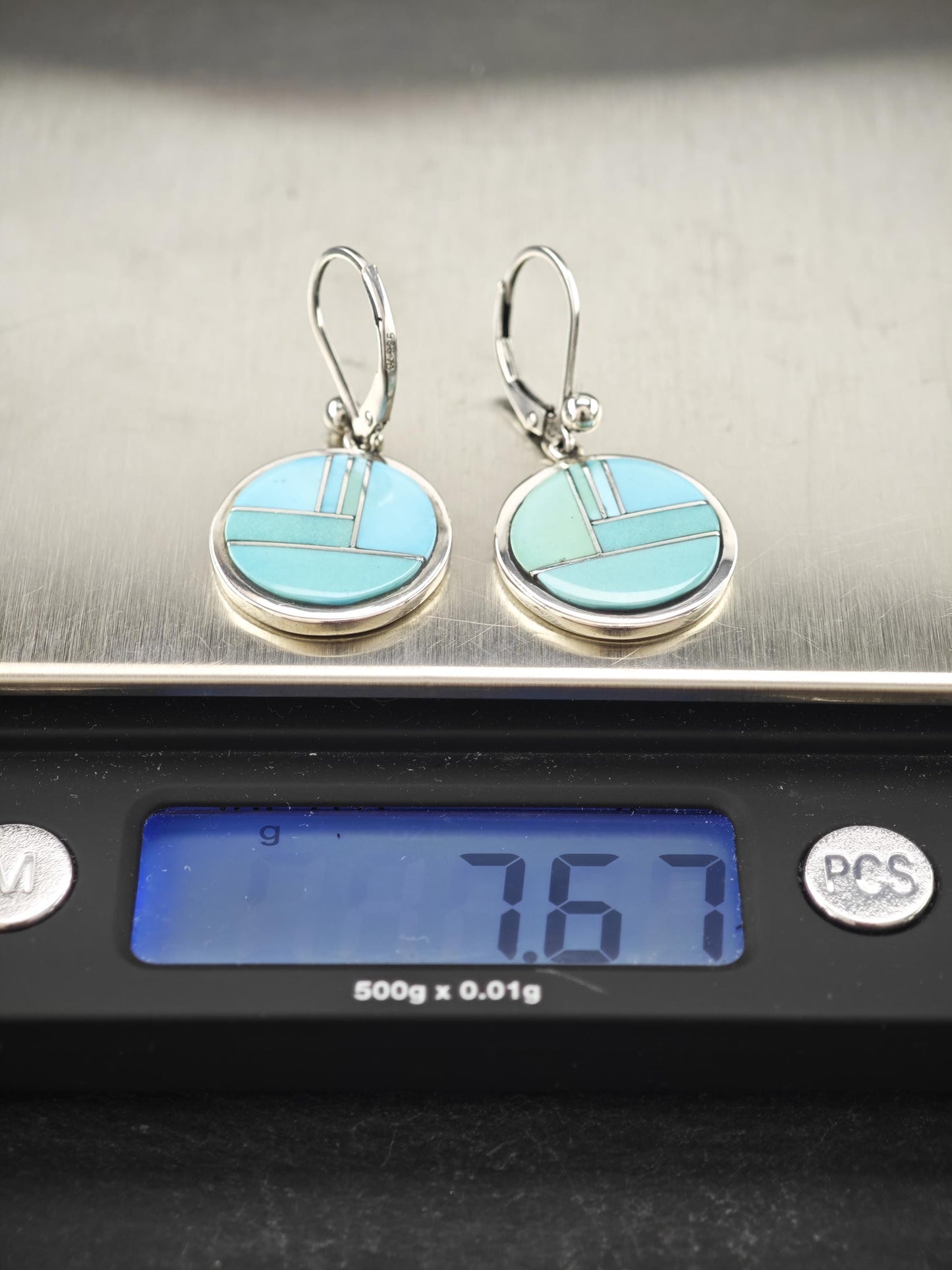 Calvin Begay, TSF, Native American Inlay Lever Back Earrings Sterling Silver