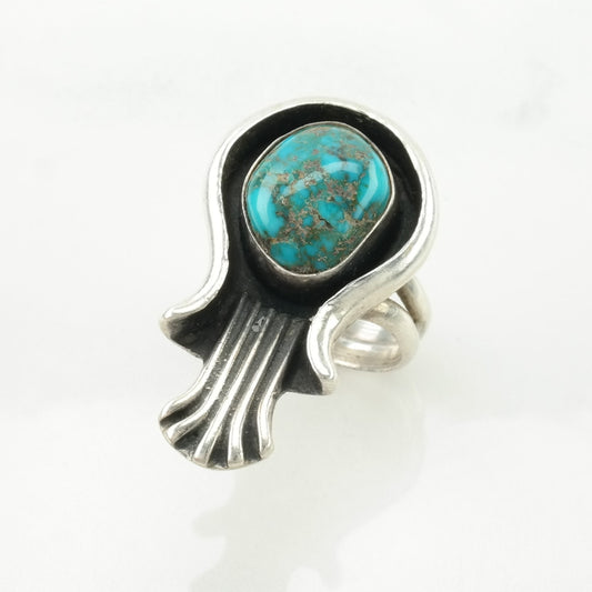 Native American Silver Ring High Grade, Spiderweb Blossom Sterling Blue Size 6