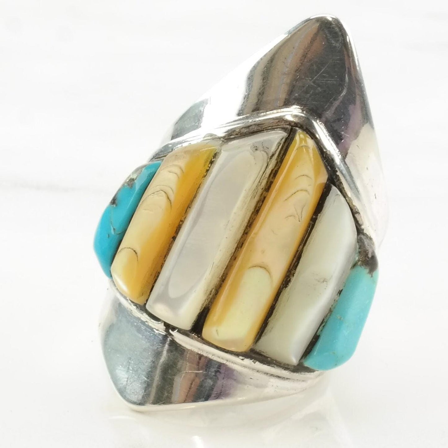 Vintage Zuni Silver Ring MOP Turquoise Cobblestone Inlay Sterling Size 9 3/4