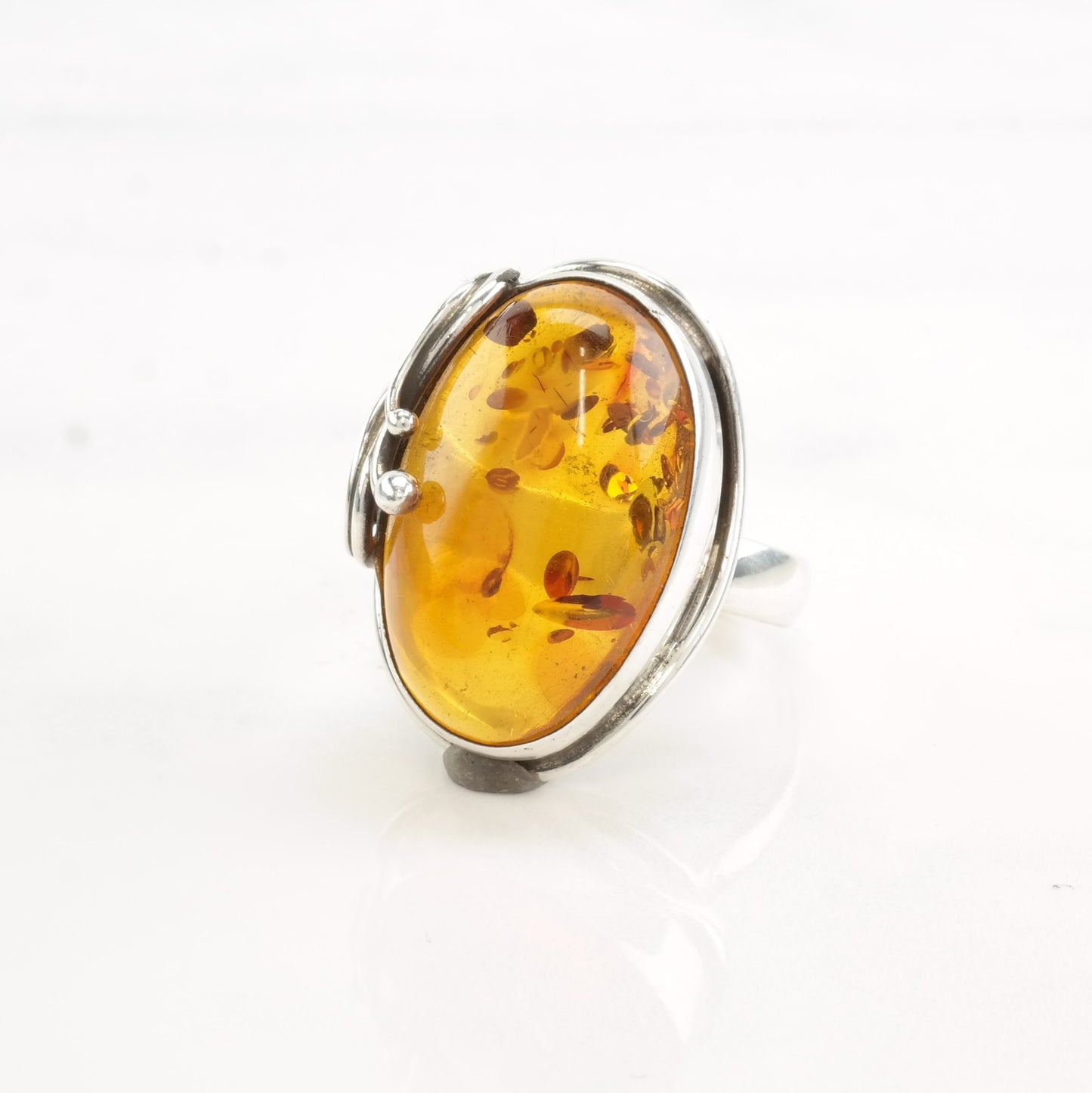 European Silver Ring Amber Oval Swirl Sterling Size 8