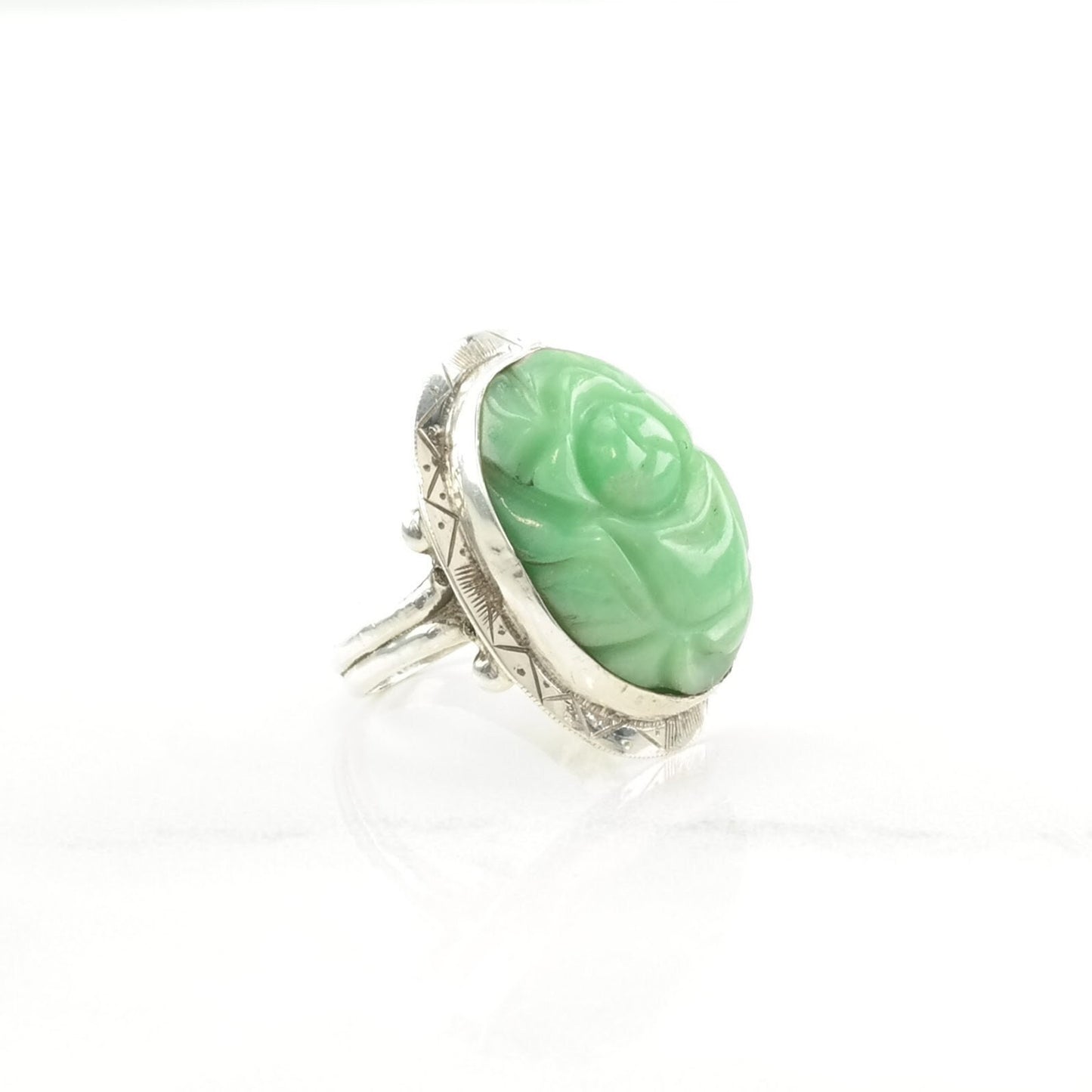 Sterling Silver Ring Jade Carved Green Size 4 3/4