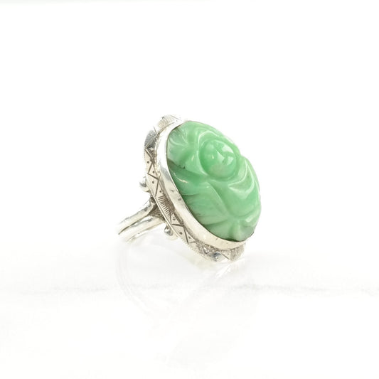 Sterling Silver Ring Jade Carved Green Size 4 3/4