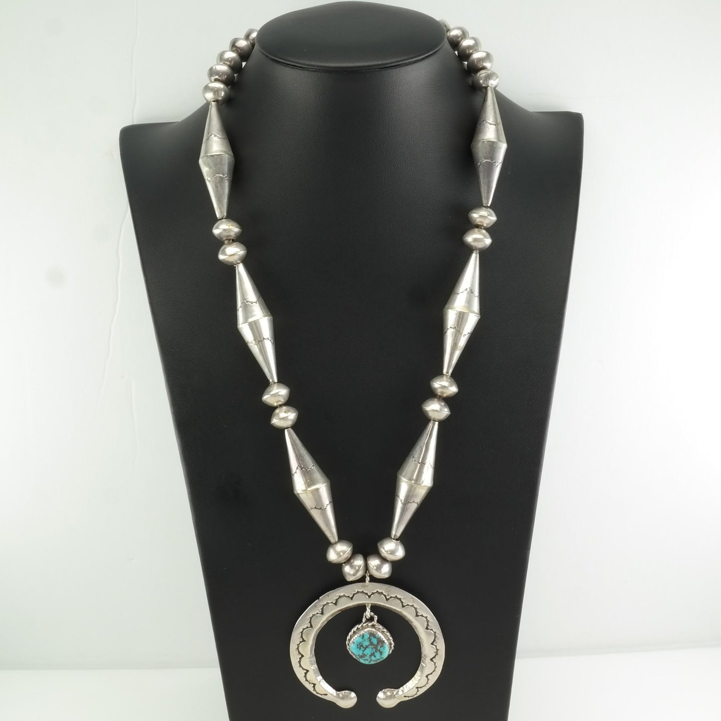 Native American Sterling Silver Blue Turquoise Stamped Necklace