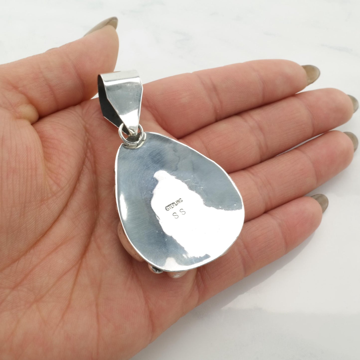 Vintage Silver Pendant Amber, Pearl, Onyx Multi Gem, Teardrop Sterling