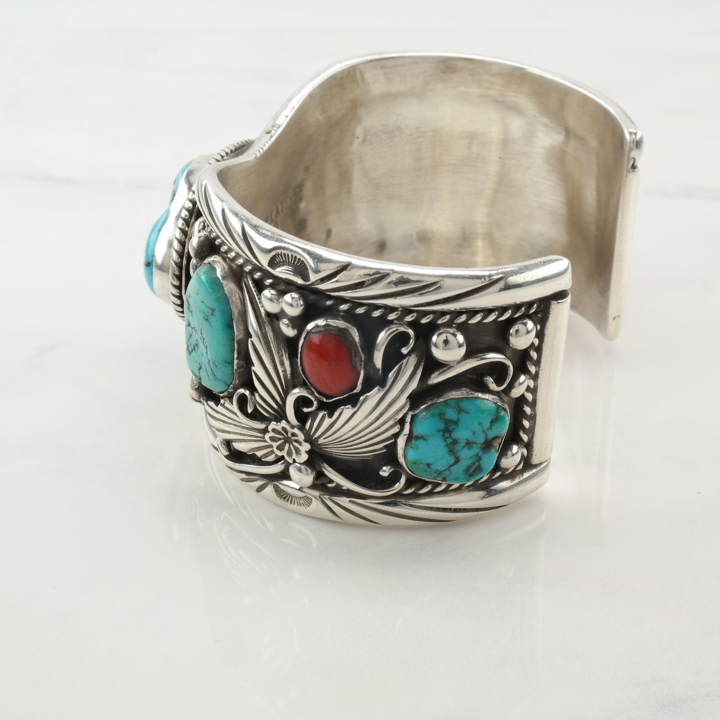 Native American Cuff Bracelet Sterling Silver Turquoise Coral Platero Navajo