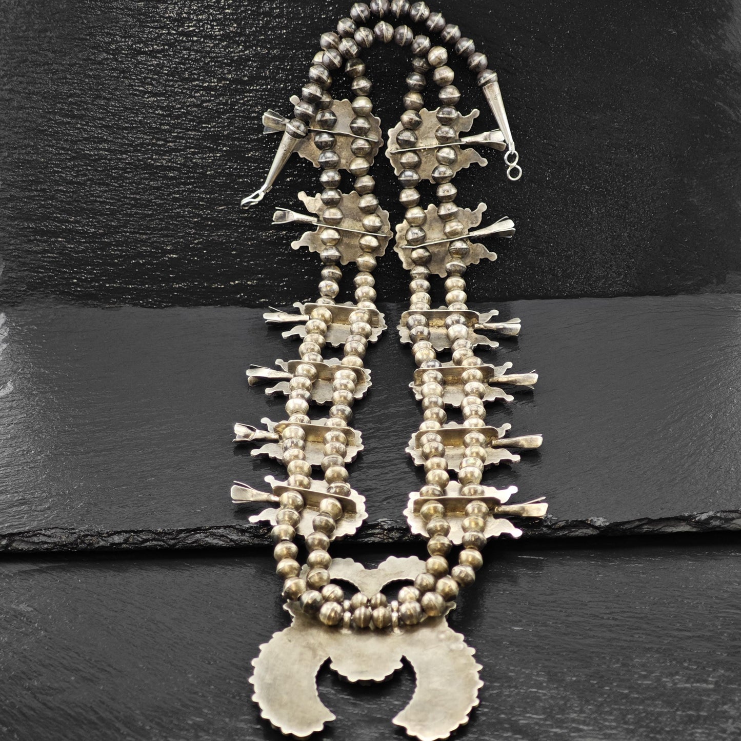 Zuni Carved Turquoise Cluster Squash Blossom Necklace Sterling Silver 30 1/2" N2668