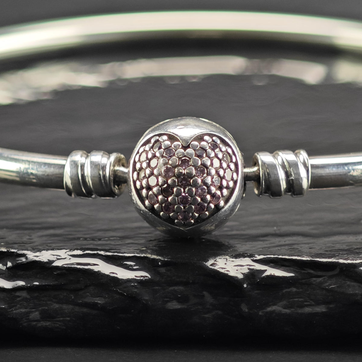 Vintage Pandora Pink Pave Heart Bangle Sterling Silver Sz 7 1/4" BR3179