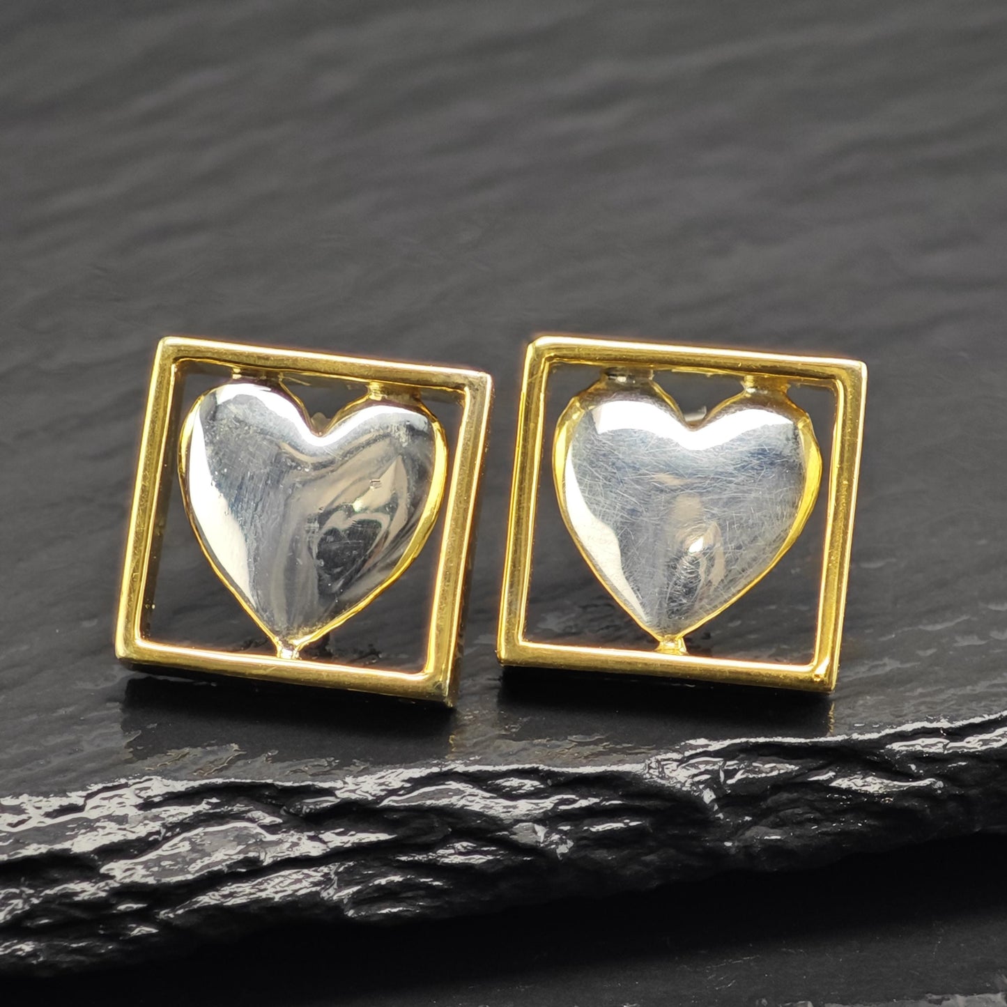 Sergio Bustamante Heart, Gold Tone Frame Stud Sterling Silver Earrings ER3123