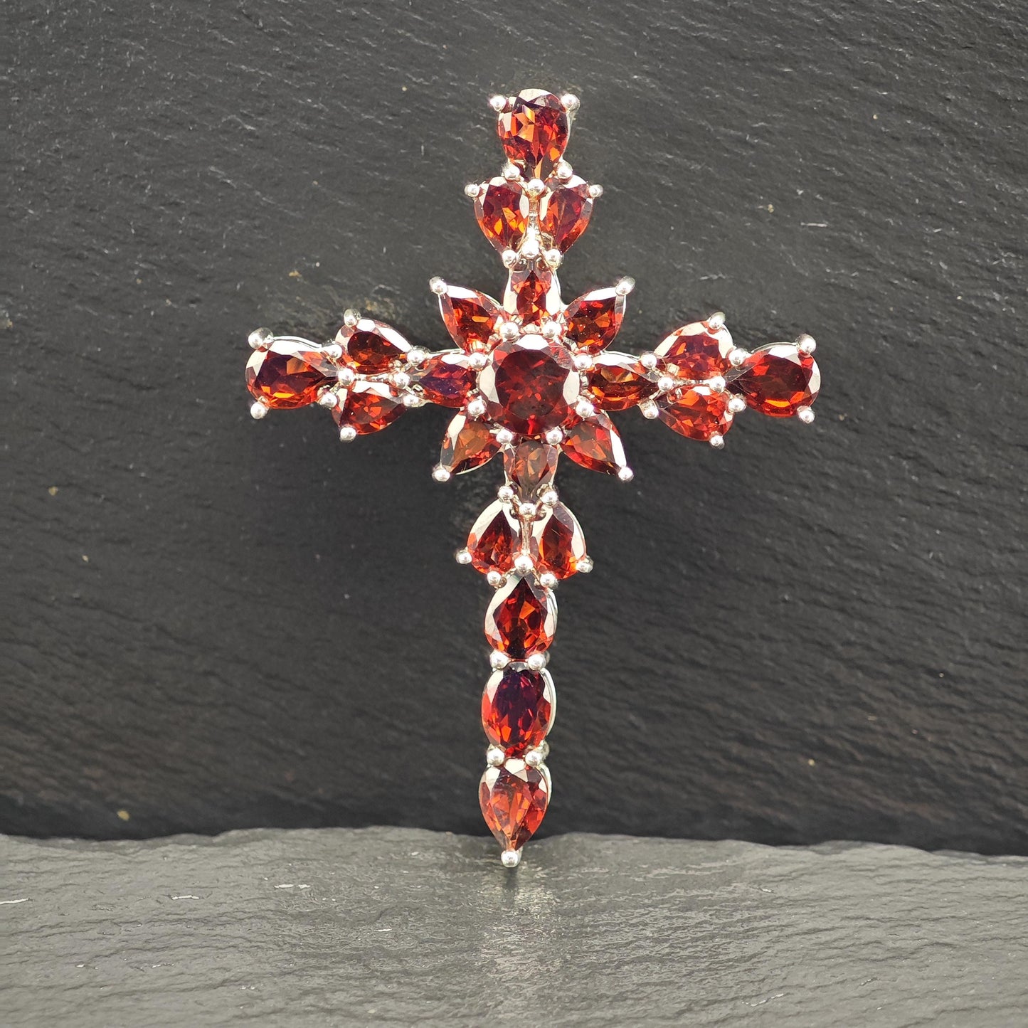 Vintage Garnet Cross Pendant Sterling Silver