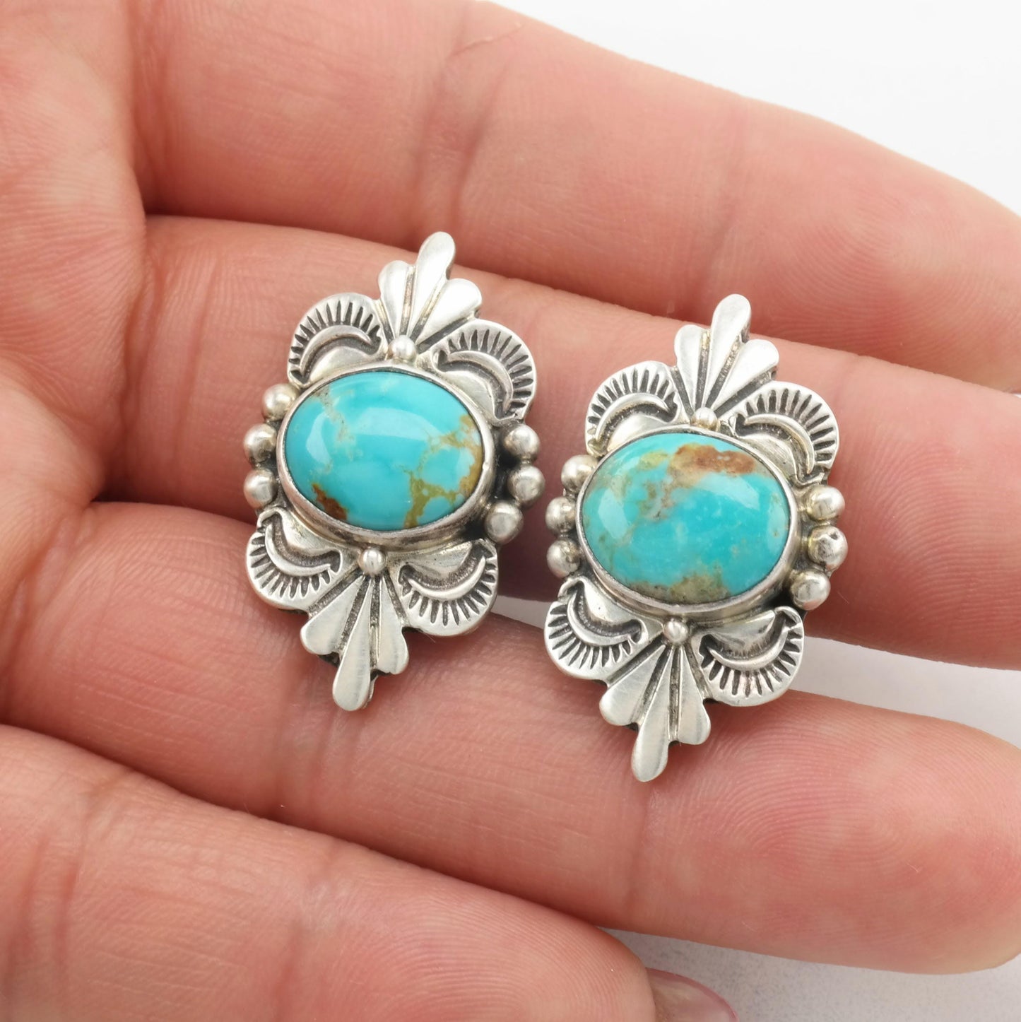 Vintage Native American Turquoise Clip On Earrings Sterling Silver