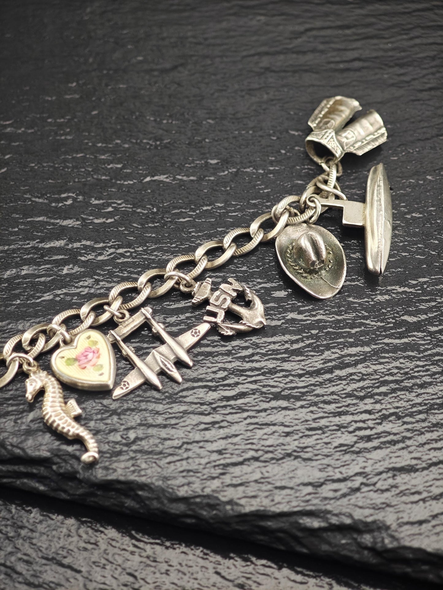 1930's WWII USN, Enamel Heart Charm, Bracelet Sterling Silver
