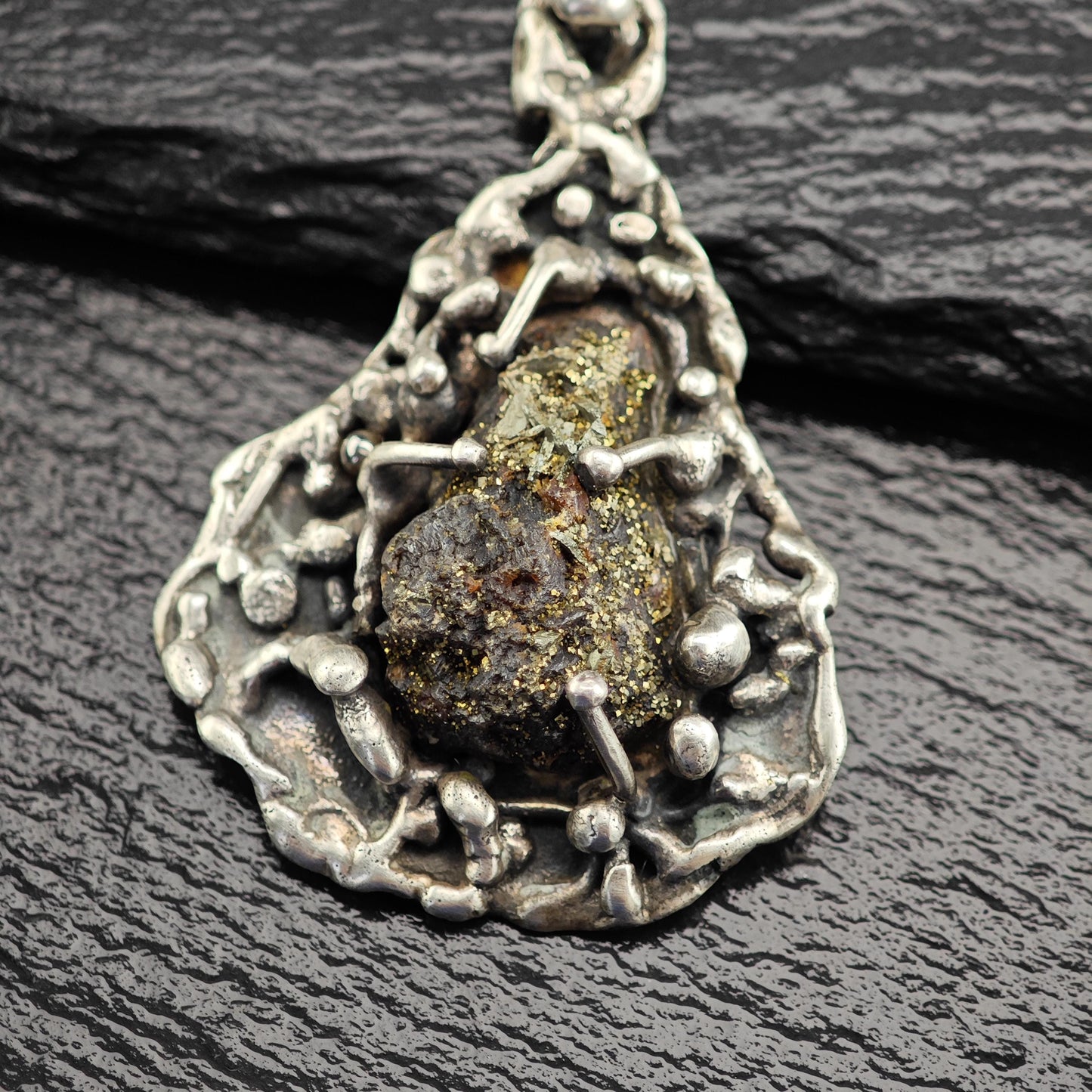 Vintage Sterling Silver Druzy Pendant Unique Brutalist Design