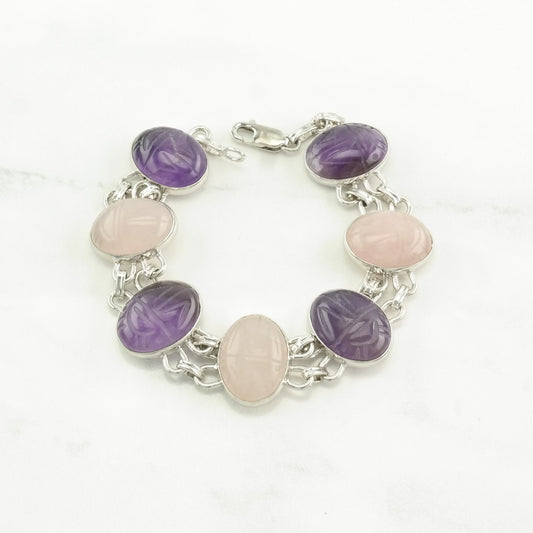 Egyptian Revival Sterling Silver Link Bracelet Pink, Purple Amethyst, Rose Quartz Carved Scarab, Beetle