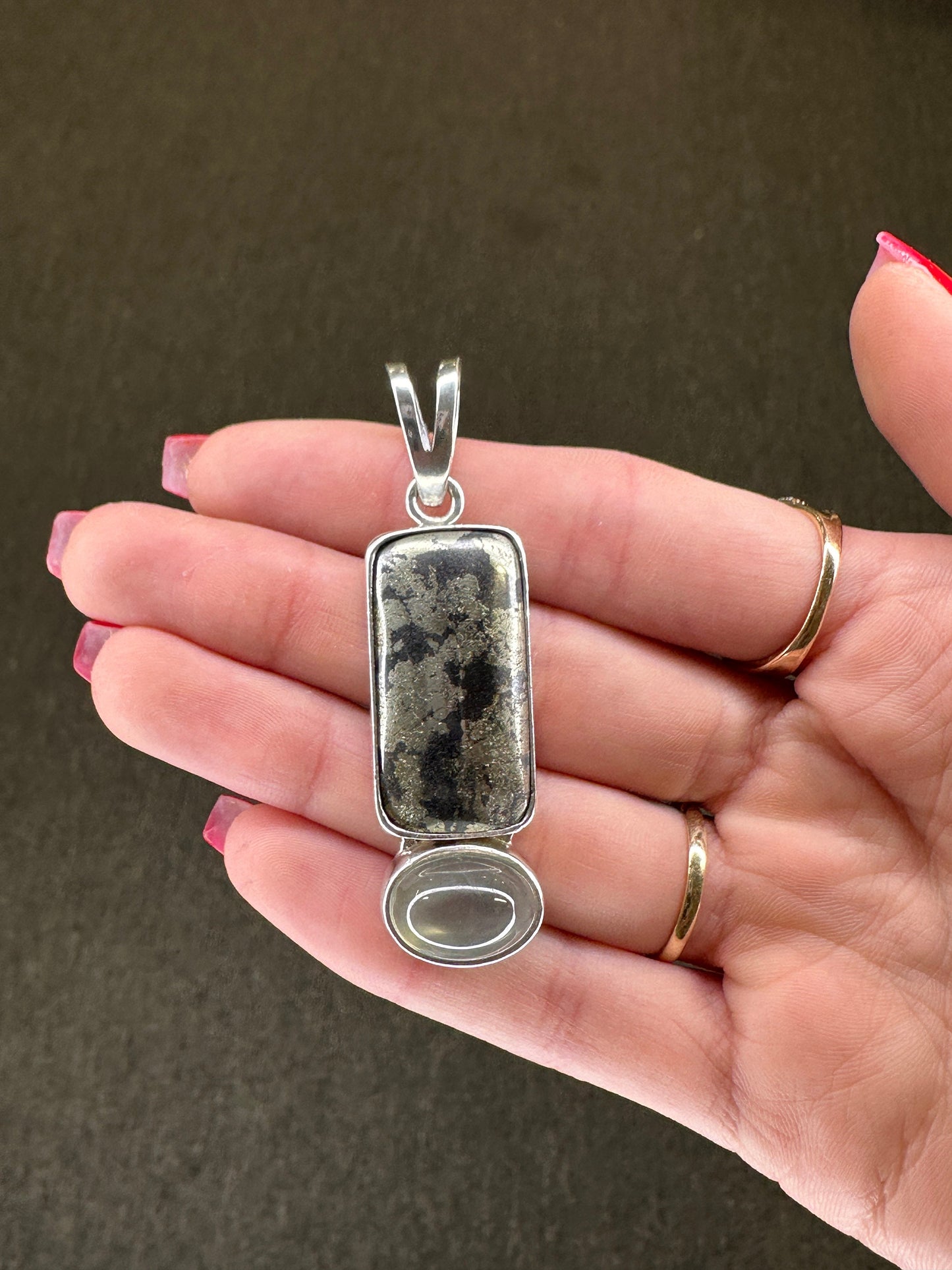 Vintage Pyrite Prasiolite Oval Rectangle Sterling Silver Pendant