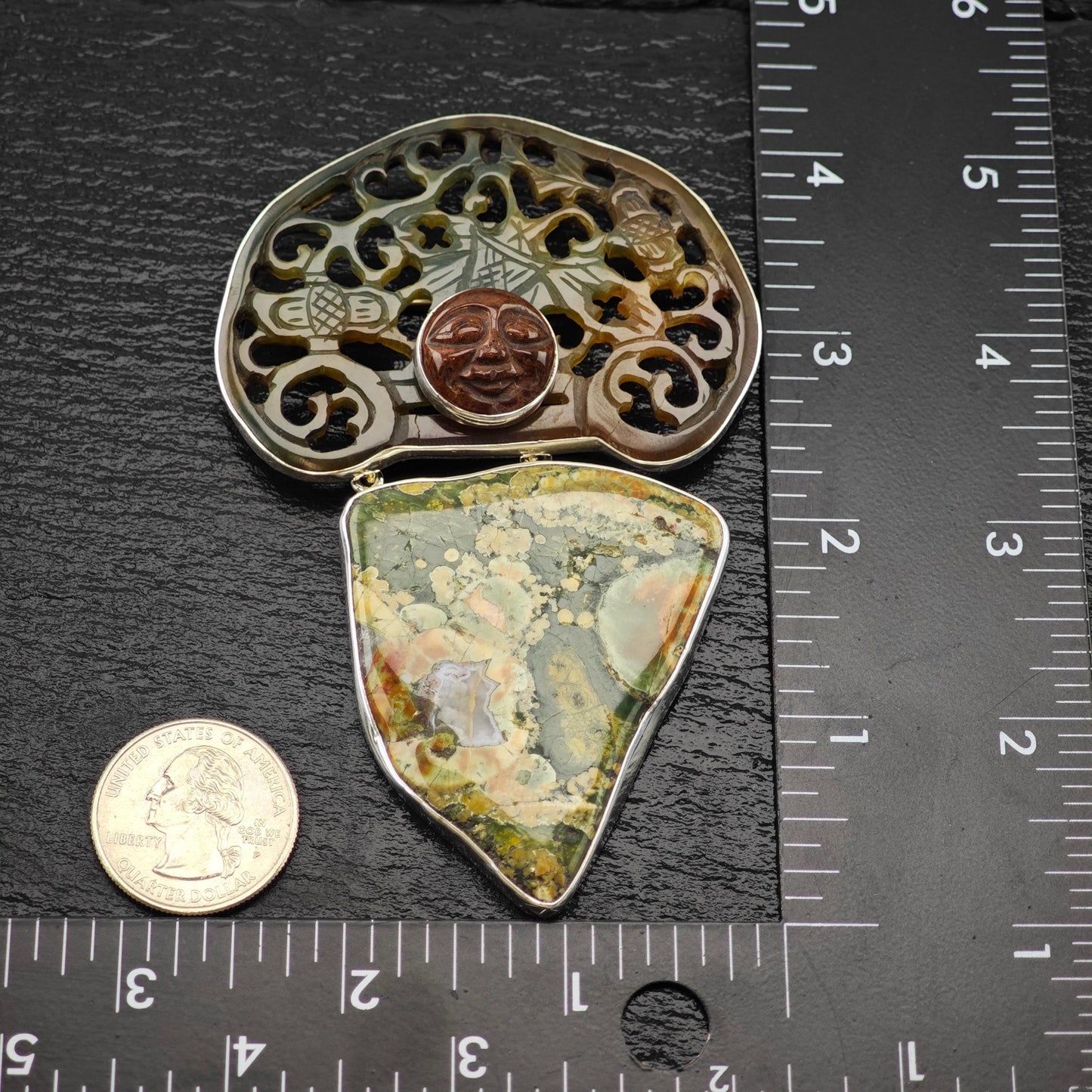 AKR Sterling Silver Brooch Pendant Carved Multi-color Averturine Jasper B2145