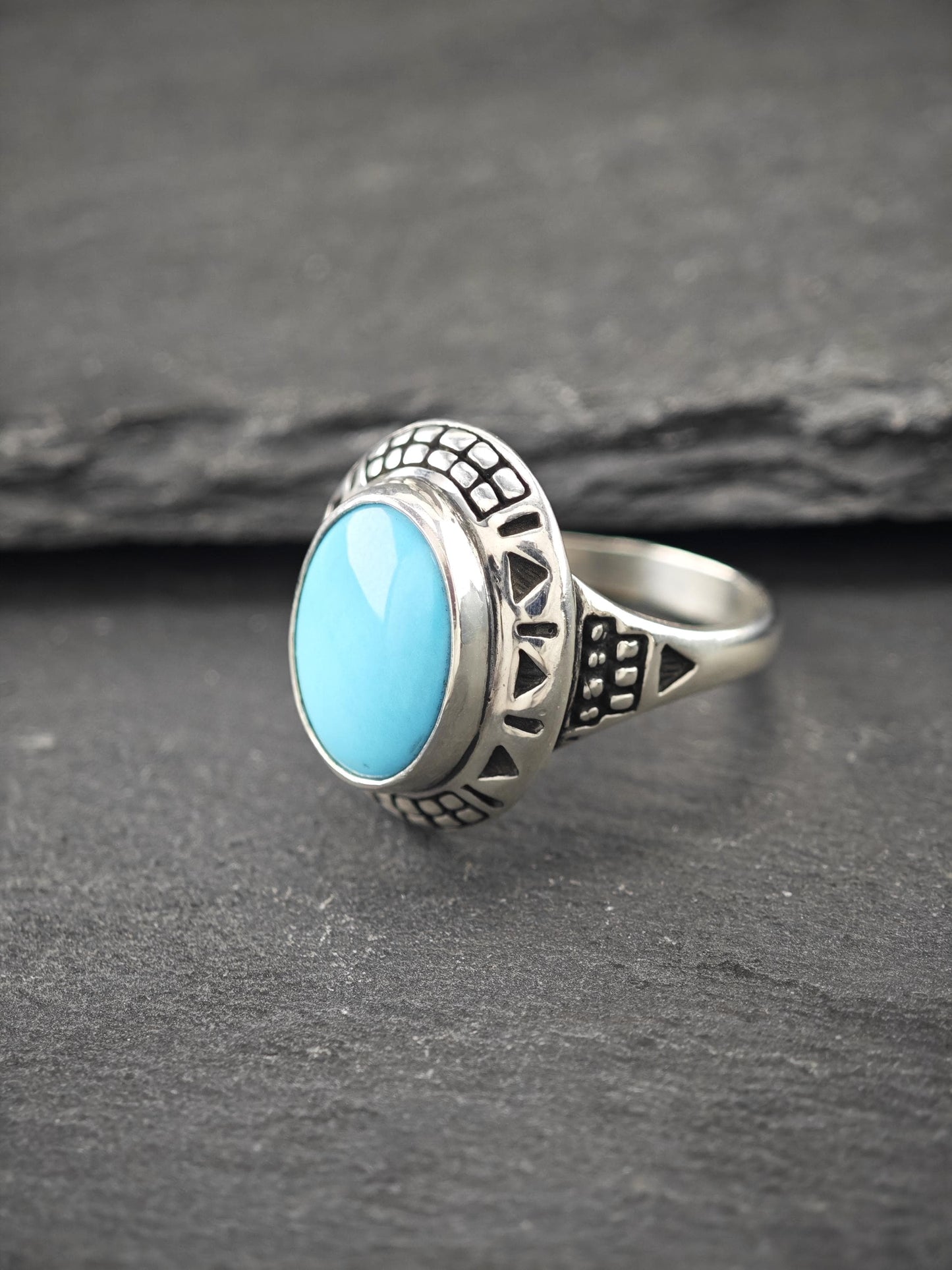 Vintage Oval Block Turquoise Ring Sterling Silver