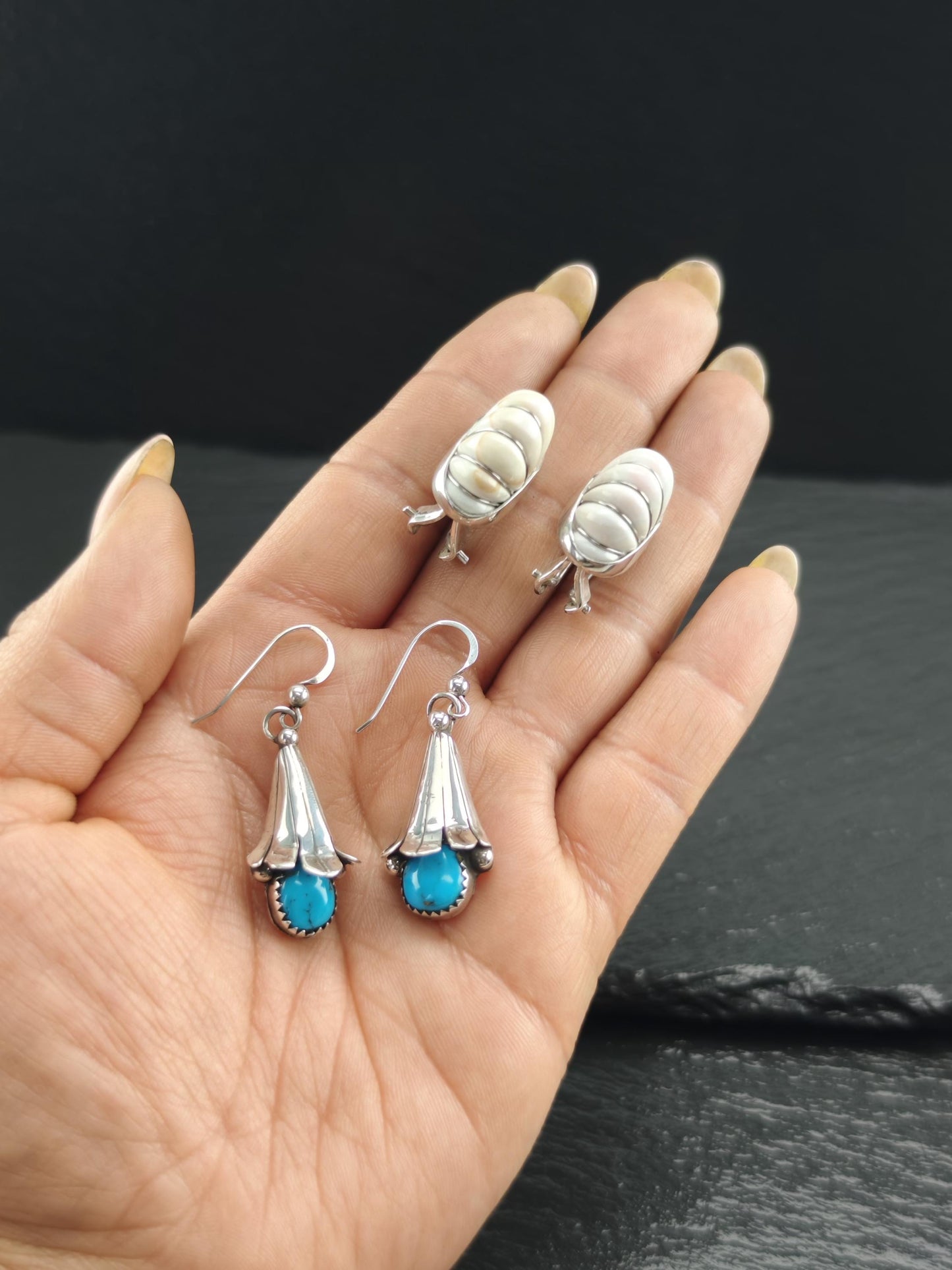 Vintage Blue Turquoise Blossom, Fish Hook Earrings Sterling Silver