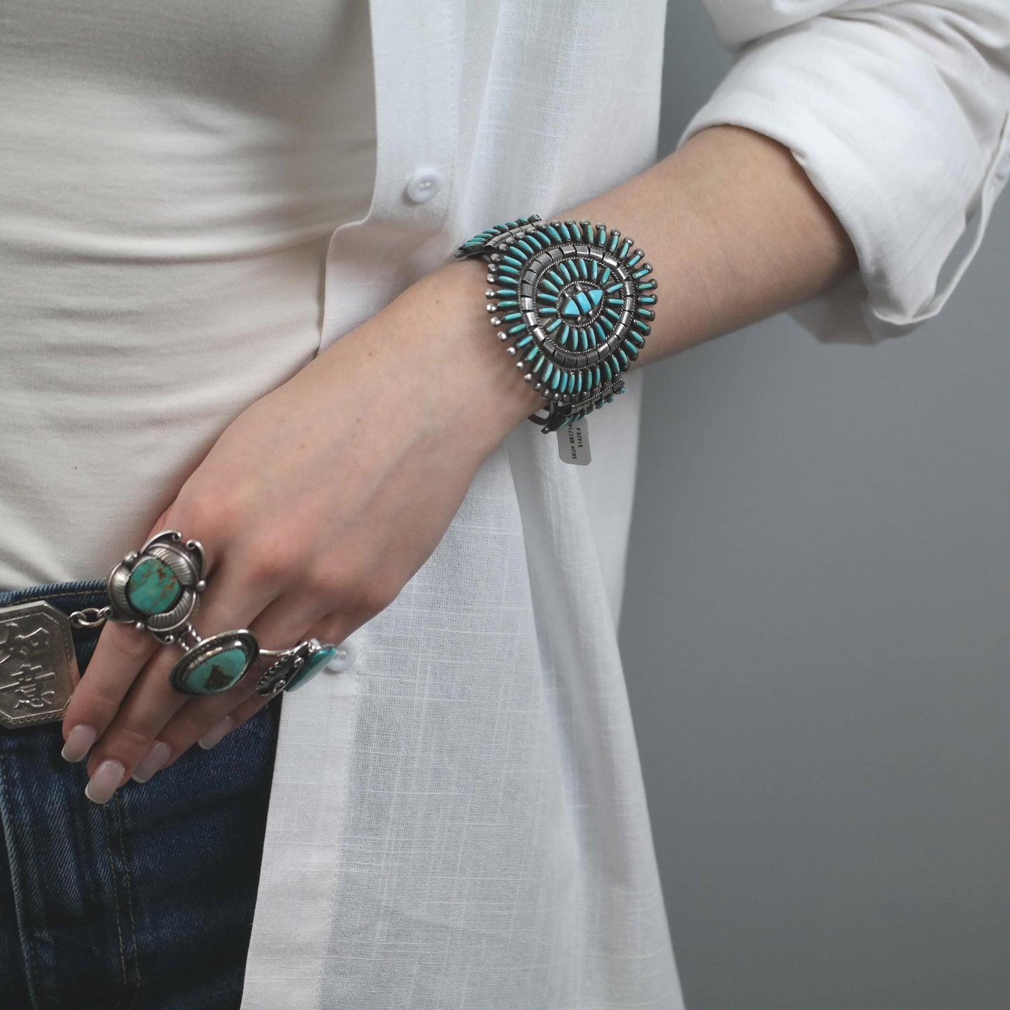 Native American Zuni Sterling Silver Cuff Bracelet Blue Turquoise Needlepoint Cluster
